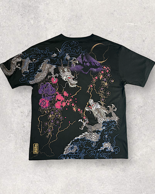 [XXL]🔥【Ultra-Rare XXL】Karakuri Tamashii Vintage Japanese Embroidered T-Shirt | Twin Dragons, Mt. Fuji & Camellia | One-of-a-Kind Art Tee