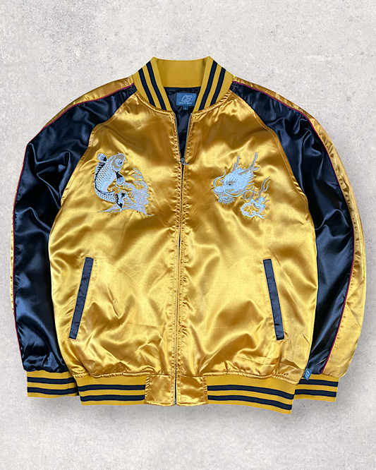 【L Size / Lightweight】Gold & Black Sukajan with Dragon and Tiger Embroidery – A One-of-a-Kind Statement Piece