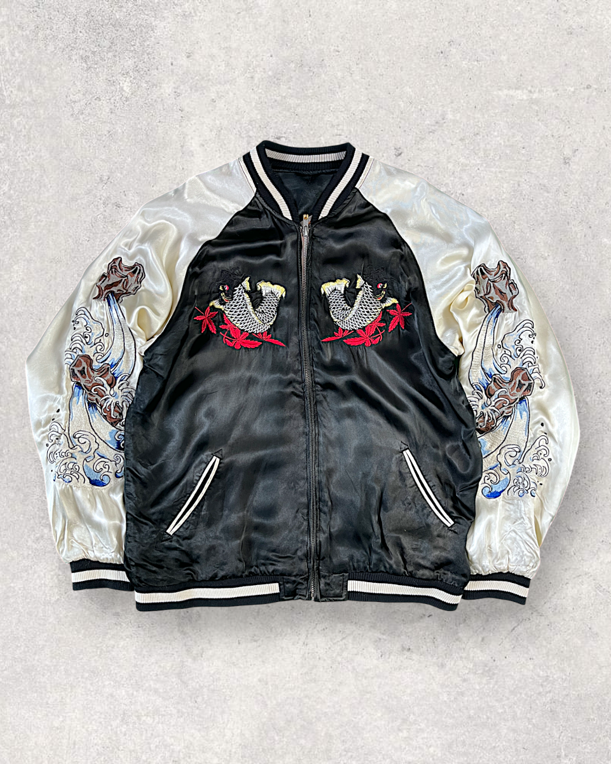 [XL] Japanese Vintage Sukajan with Climbing Koi Embroidery | Reversible Souvenir Jacket | One-of-a-Kind