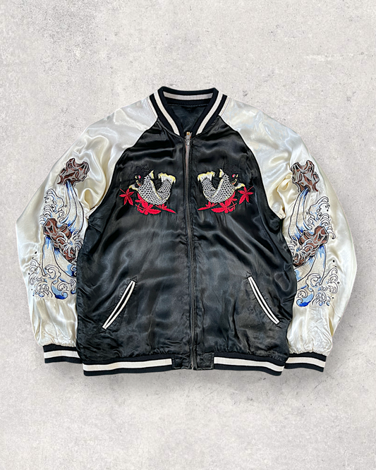 [XL] Japanese Vintage Sukajan with Climbing Koi Embroidery | Reversible Souvenir Jacket | One-of-a-Kind