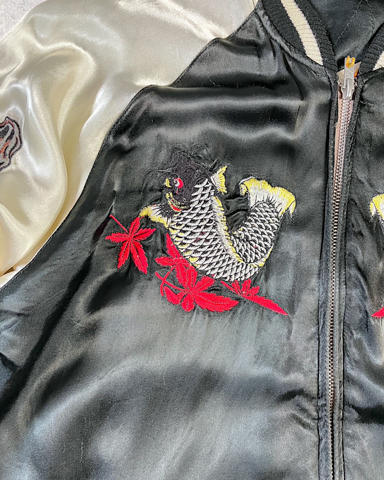 [XL] Japanese Vintage Sukajan with Climbing Koi Embroidery | Reversible Souvenir Jacket | One-of-a-Kind