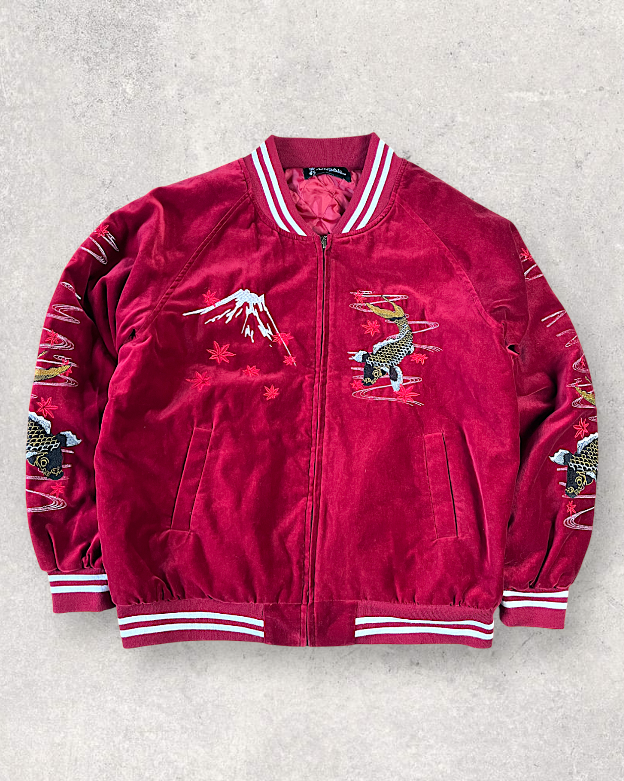 【3L/Deep Crimson】Japanese Sukajan with Koi Fish & Mt. Fuji Embroidery｜UNSAI Brand｜Rare Oversized Jacket Piece