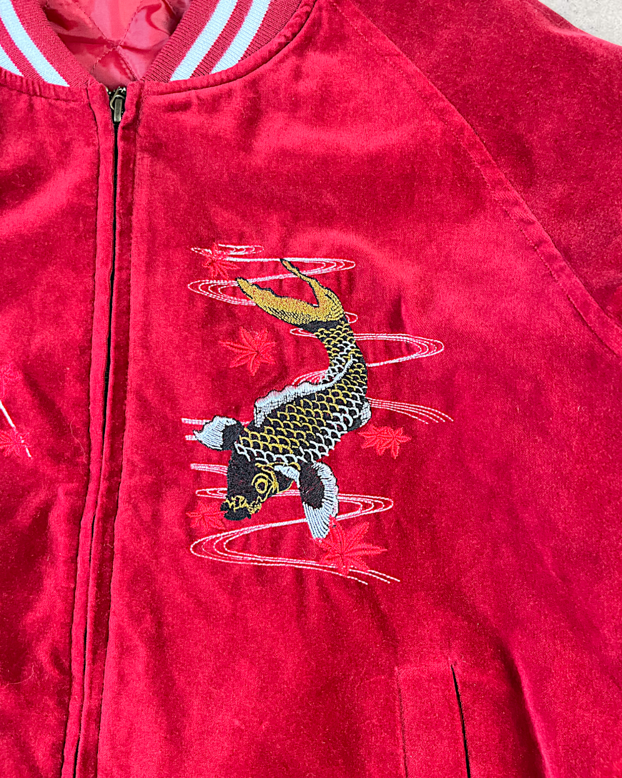 【3L/Deep Crimson】Japanese Sukajan with Koi Fish & Mt. Fuji Embroidery｜UNSAI Brand｜Rare Oversized Jacket Piece