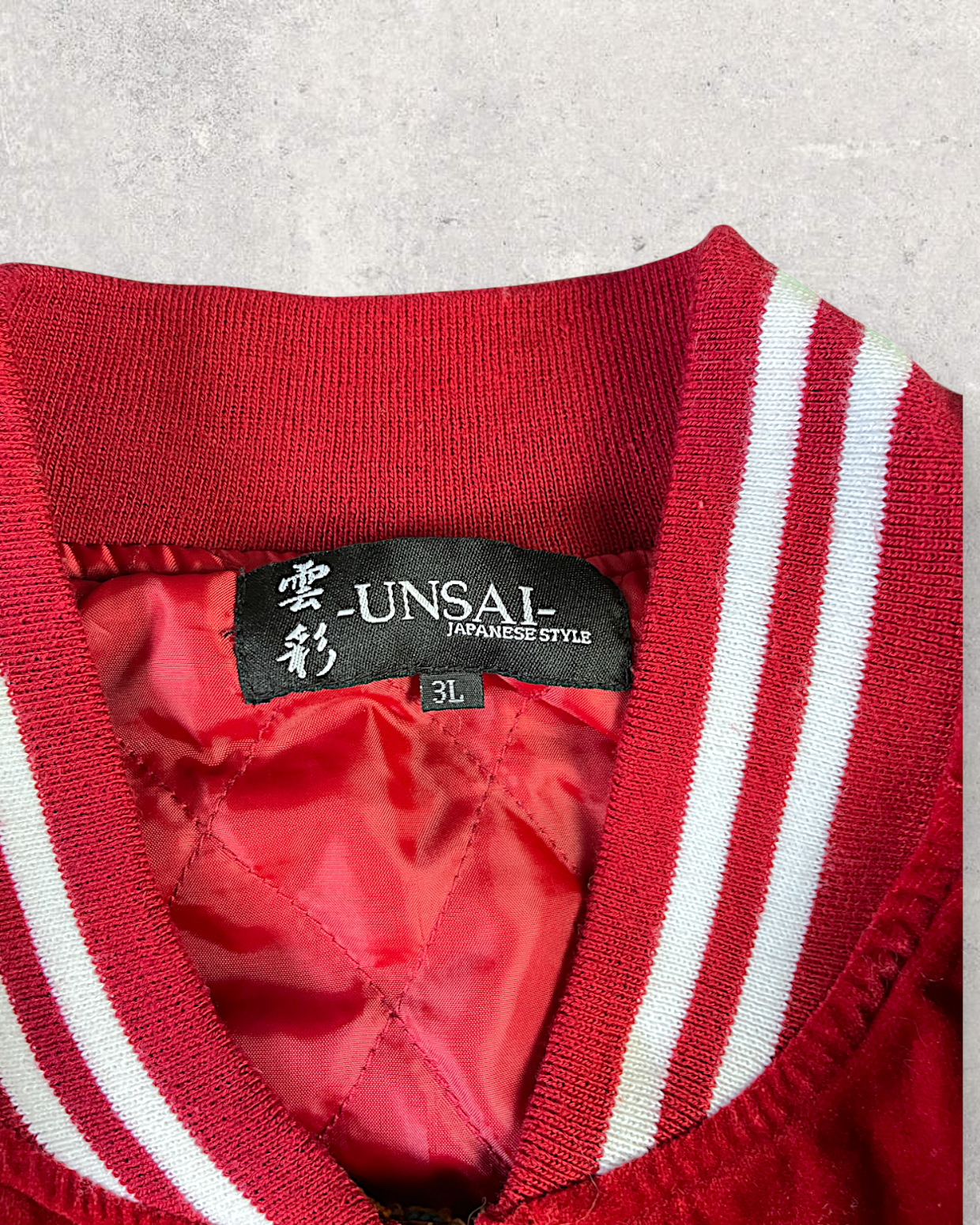 【3L/Deep Crimson】Japanese Sukajan with Koi Fish & Mt. Fuji Embroidery｜UNSAI Brand｜Rare Oversized Jacket Piece