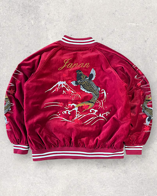 【3L/Deep Crimson】Japanese Sukajan with Koi Fish & Mt. Fuji Embroidery｜UNSAI Brand｜Rare Oversized Jacket Piece
