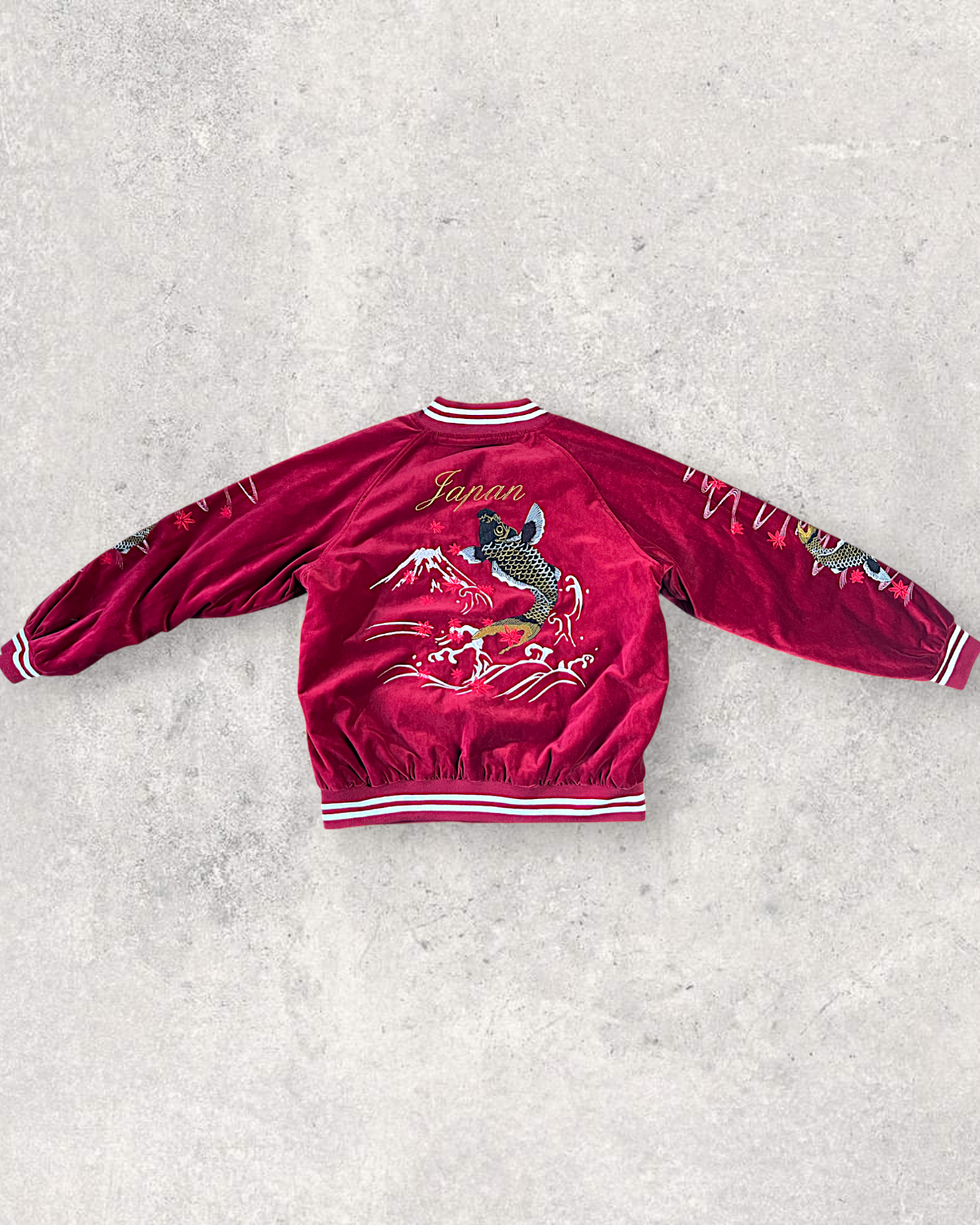 【3L/Deep Crimson】Japanese Sukajan with Koi Fish & Mt. Fuji Embroidery｜UNSAI Brand｜Rare Oversized Jacket Piece