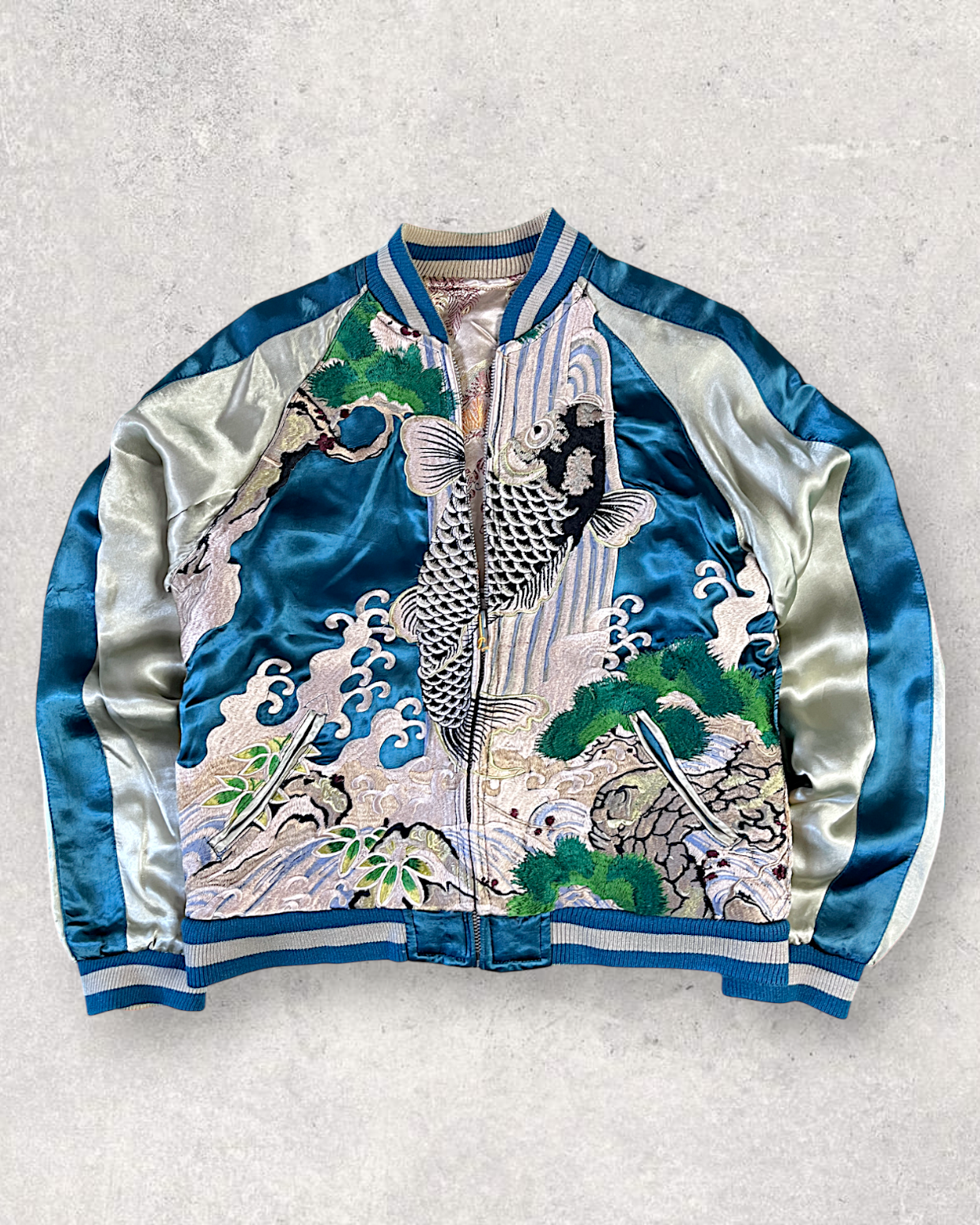 [S/ Reversible] Vintage Sukajan Jacket – Climbing Koi Embroidery | Unique Japanese Streetwear