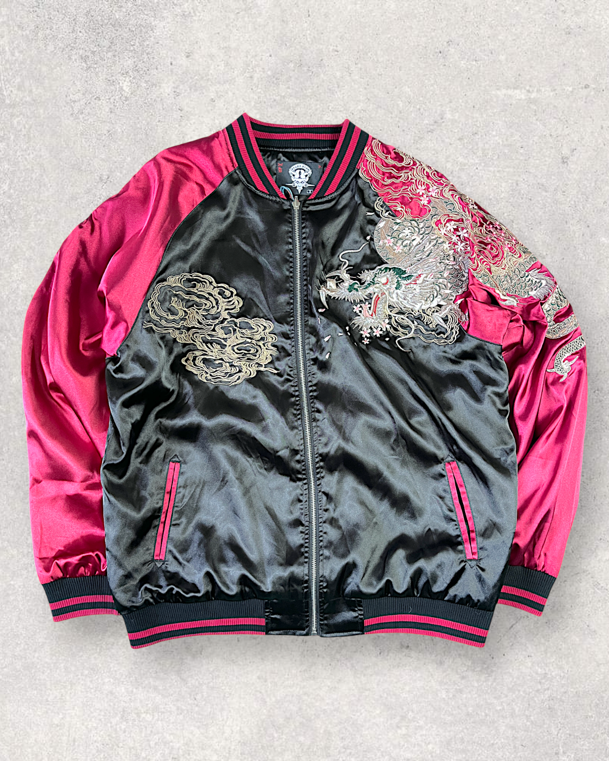 [3XL/Dragon Embroidered Sukajan] Bold Black & Crimson Souvenir Jacket – Perfect for Spring &