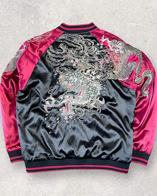 [3XL/Dragon Embroidered Sukajan] Bold Black & Crimson Souvenir Jacket – Perfect for Spring &