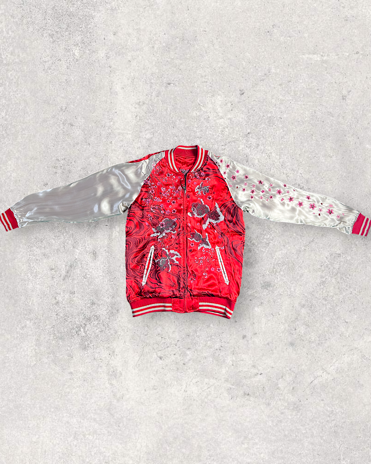 【L】Brand New Reversible Sukajan Jacket – Koi Sakura / Dragon Skull – Red Japanese Bomber