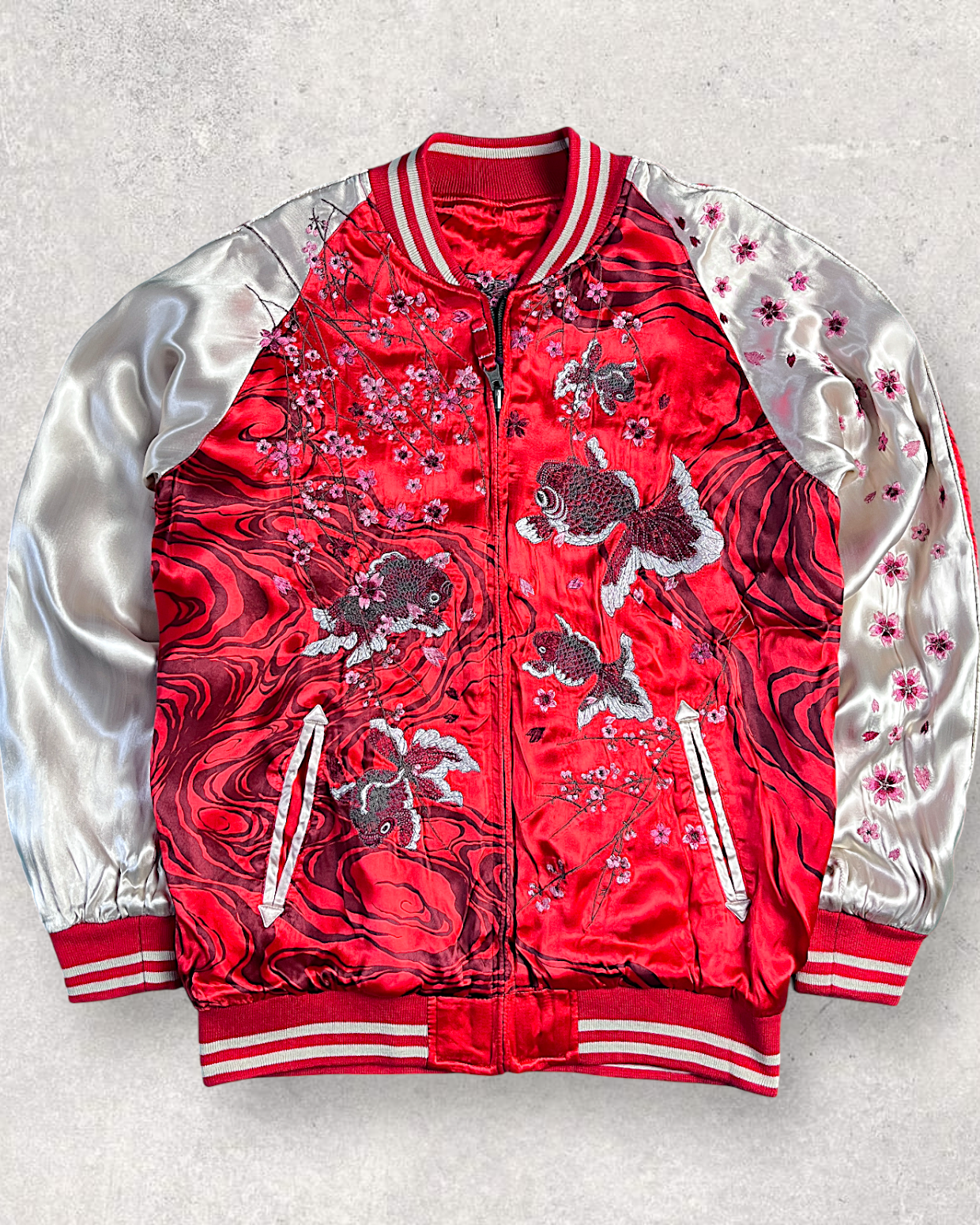【L】Brand New Reversible Sukajan Jacket – Koi Sakura / Dragon Skull – Red Japanese Bomber