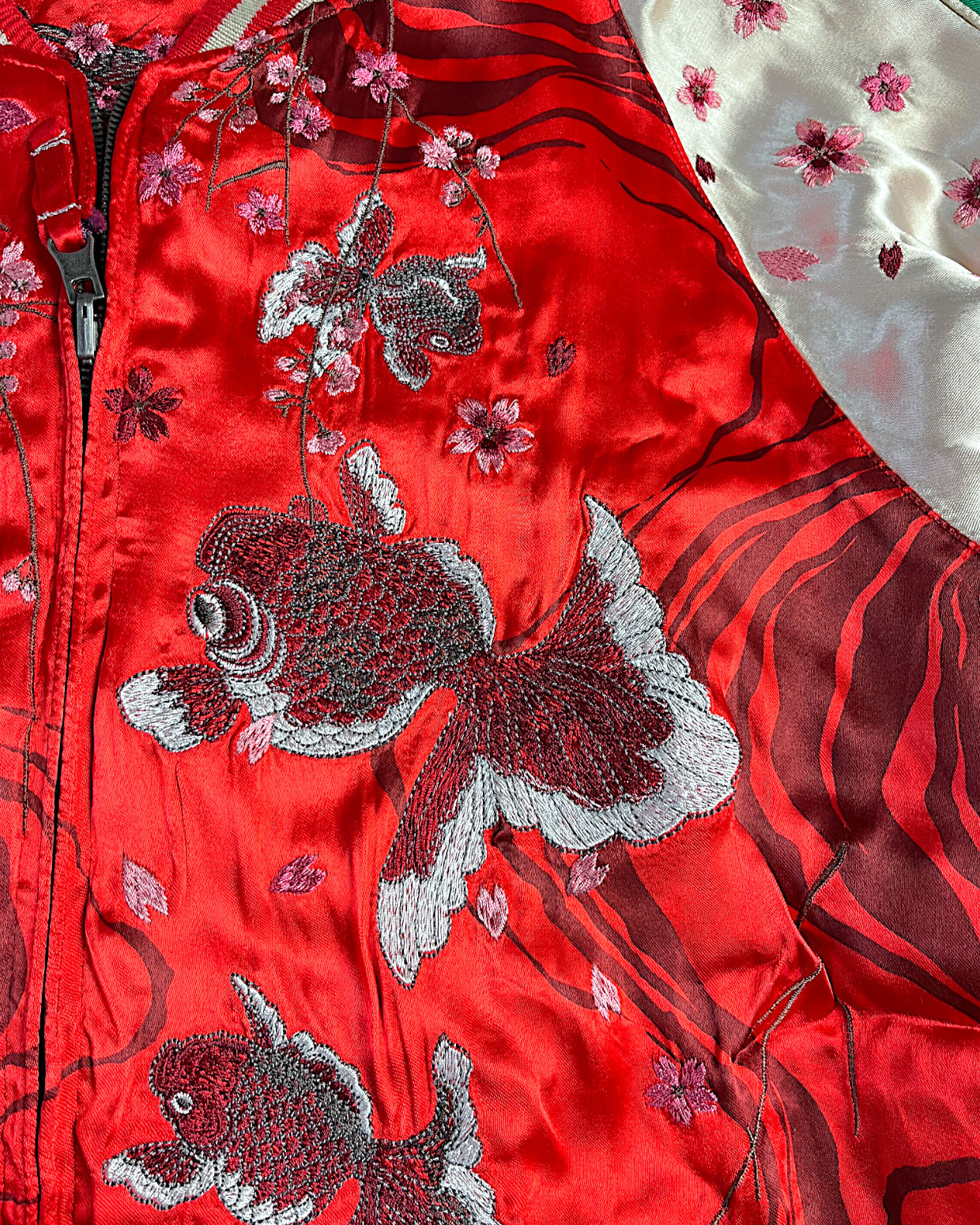 【L】Brand New Reversible Sukajan Jacket – Koi Sakura / Dragon Skull – Red Japanese Bomber