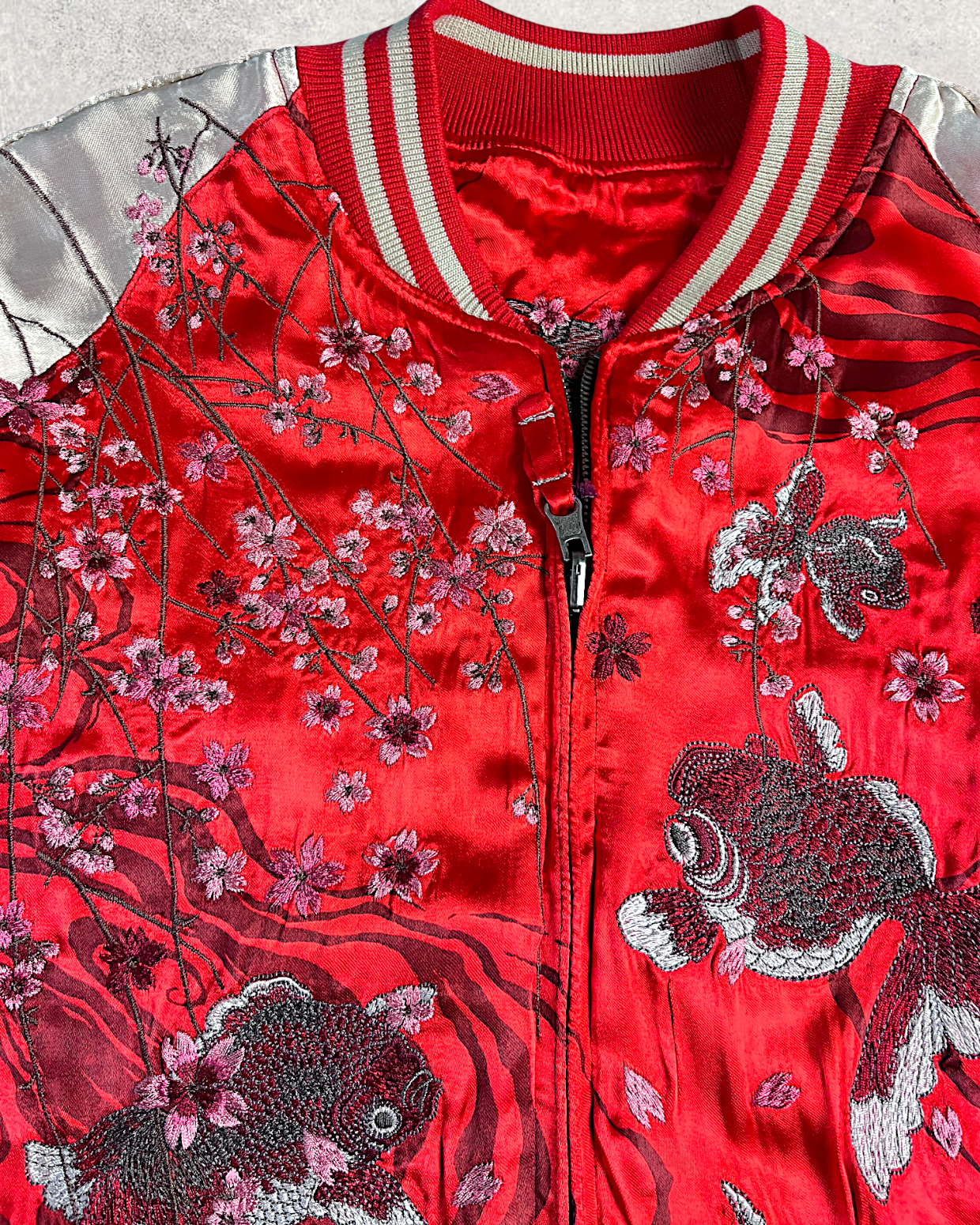 【L】Brand New Reversible Sukajan Jacket – Koi Sakura / Dragon Skull – Red Japanese Bomber