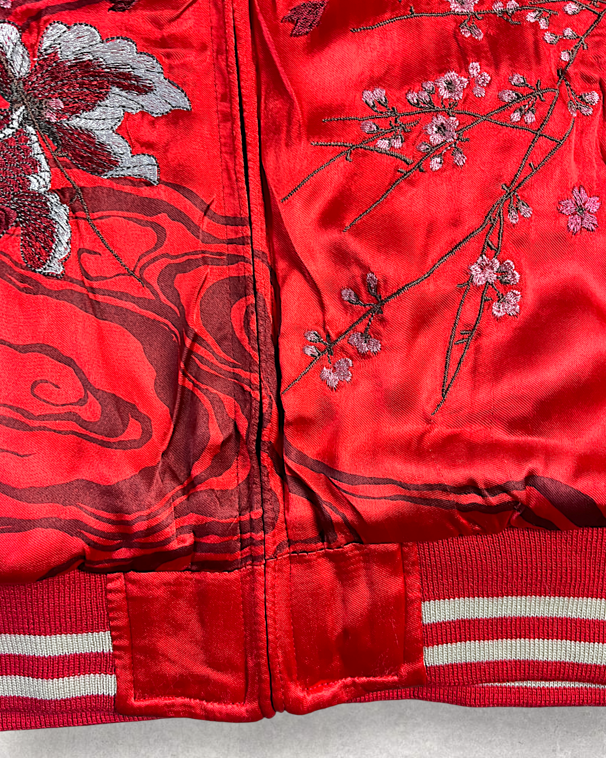 【L】Brand New Reversible Sukajan Jacket – Koi Sakura / Dragon Skull – Red Japanese Bomber