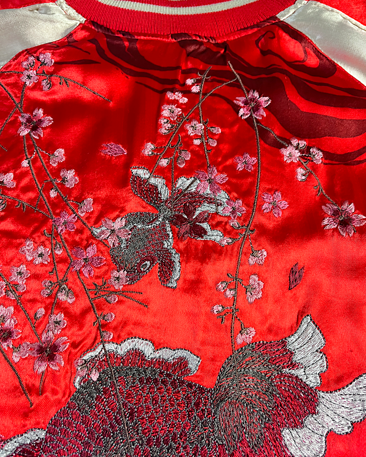【L】Brand New Reversible Sukajan Jacket – Koi Sakura / Dragon Skull – Red Japanese Bomber