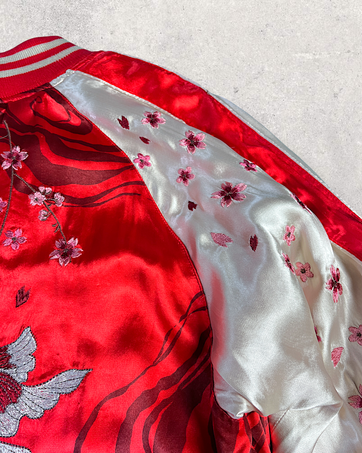 【L】Brand New Reversible Sukajan Jacket – Koi Sakura / Dragon Skull – Red Japanese Bomber
