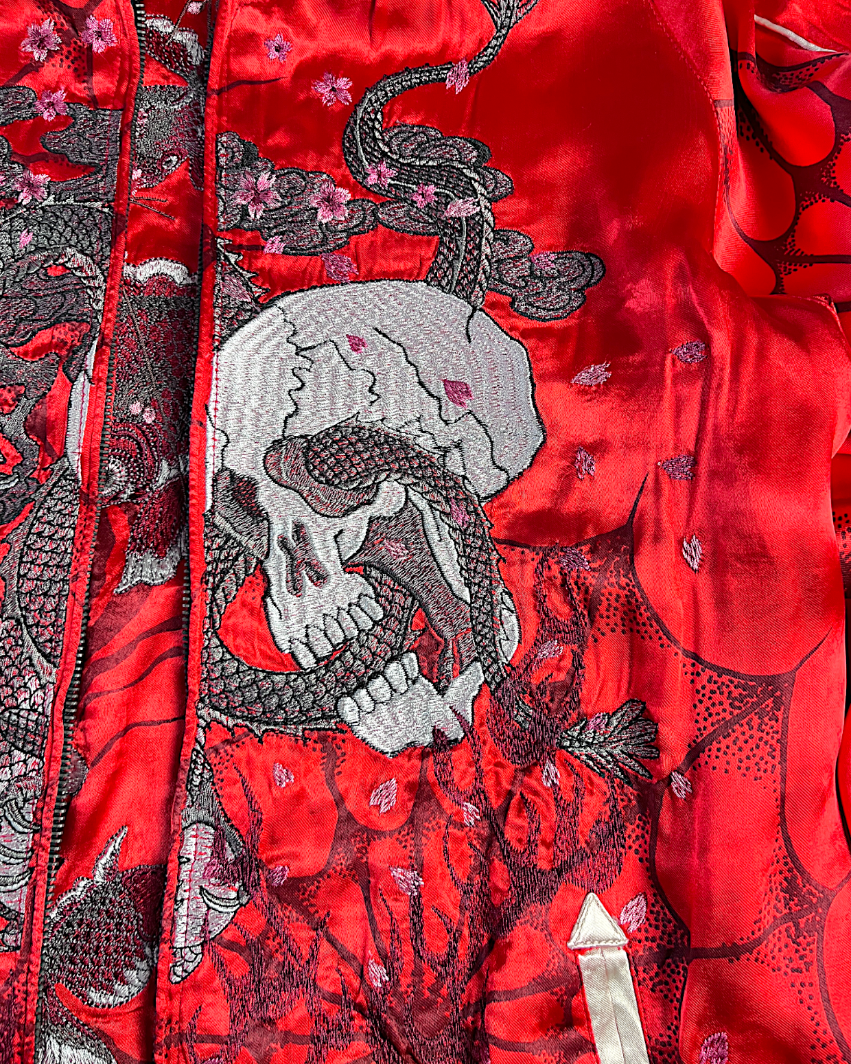 【L】Brand New Reversible Sukajan Jacket – Koi Sakura / Dragon Skull – Red Japanese Bomber