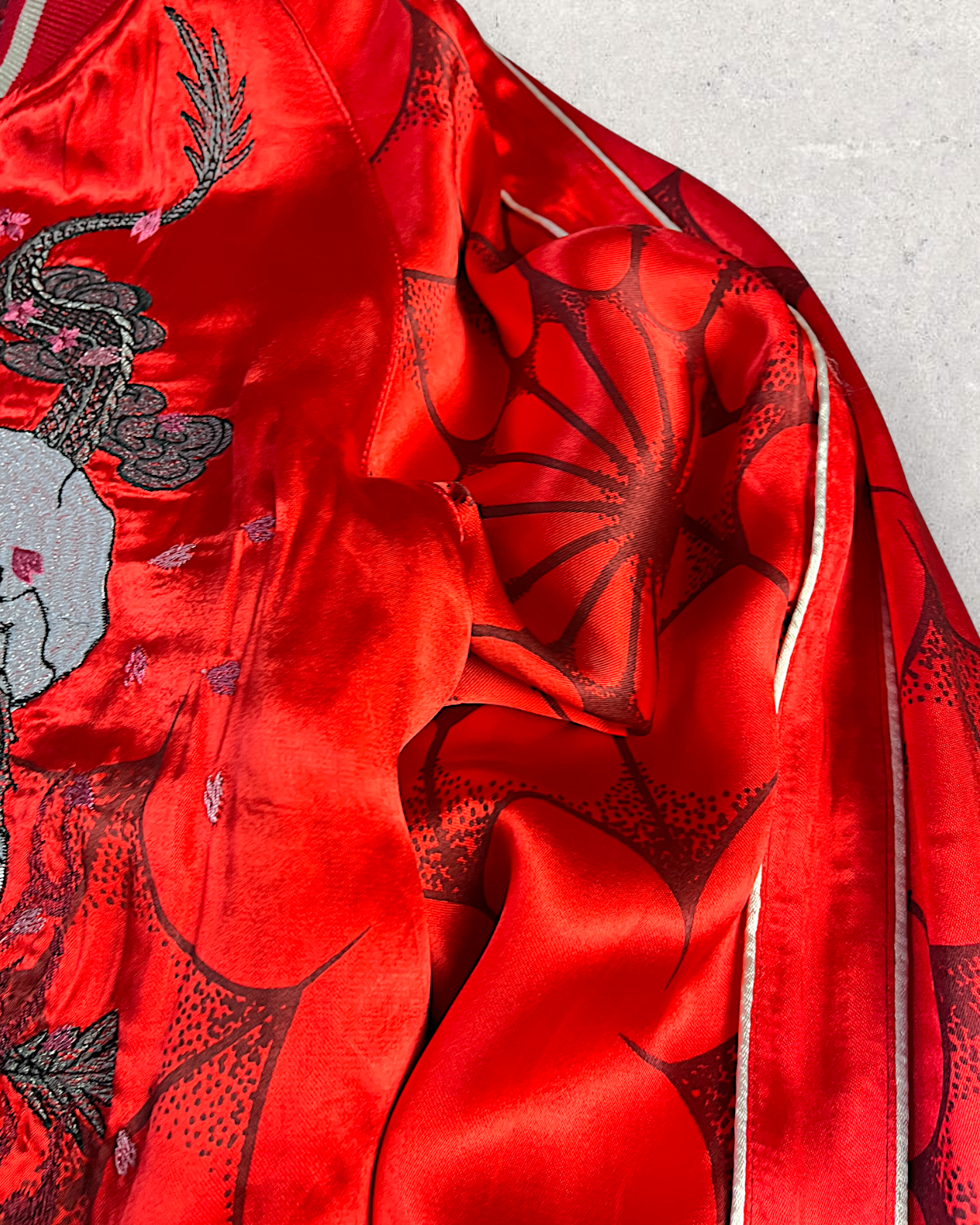 【L】Brand New Reversible Sukajan Jacket – Koi Sakura / Dragon Skull – Red Japanese Bomber