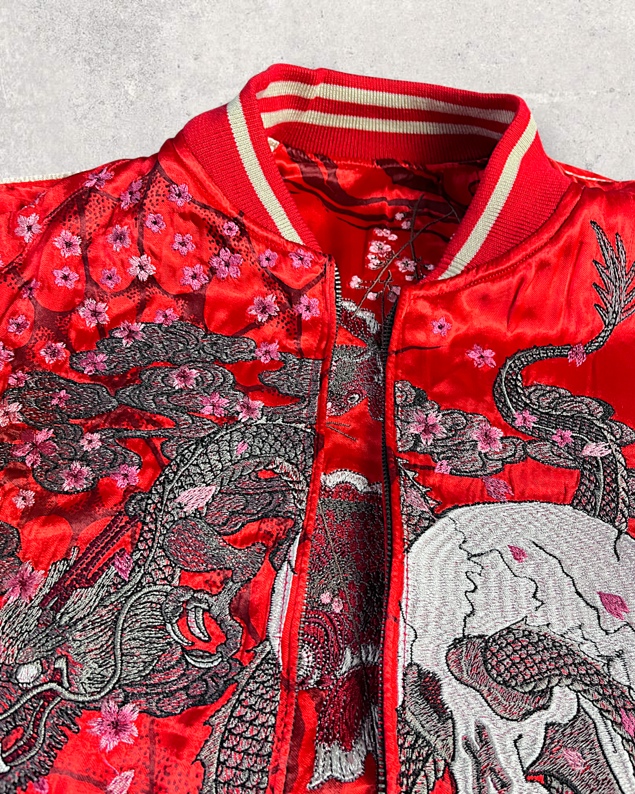 【L】Brand New Reversible Sukajan Jacket – Koi Sakura / Dragon Skull – Red Japanese Bomber