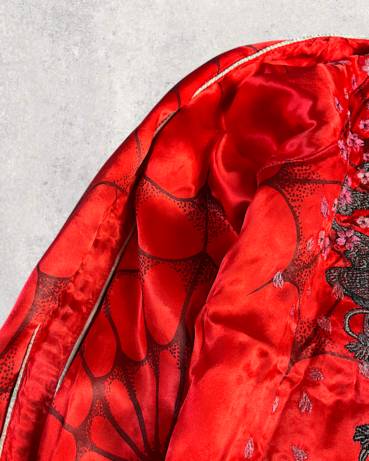 【L】Brand New Reversible Sukajan Jacket – Koi Sakura / Dragon Skull – Red Japanese Bomber