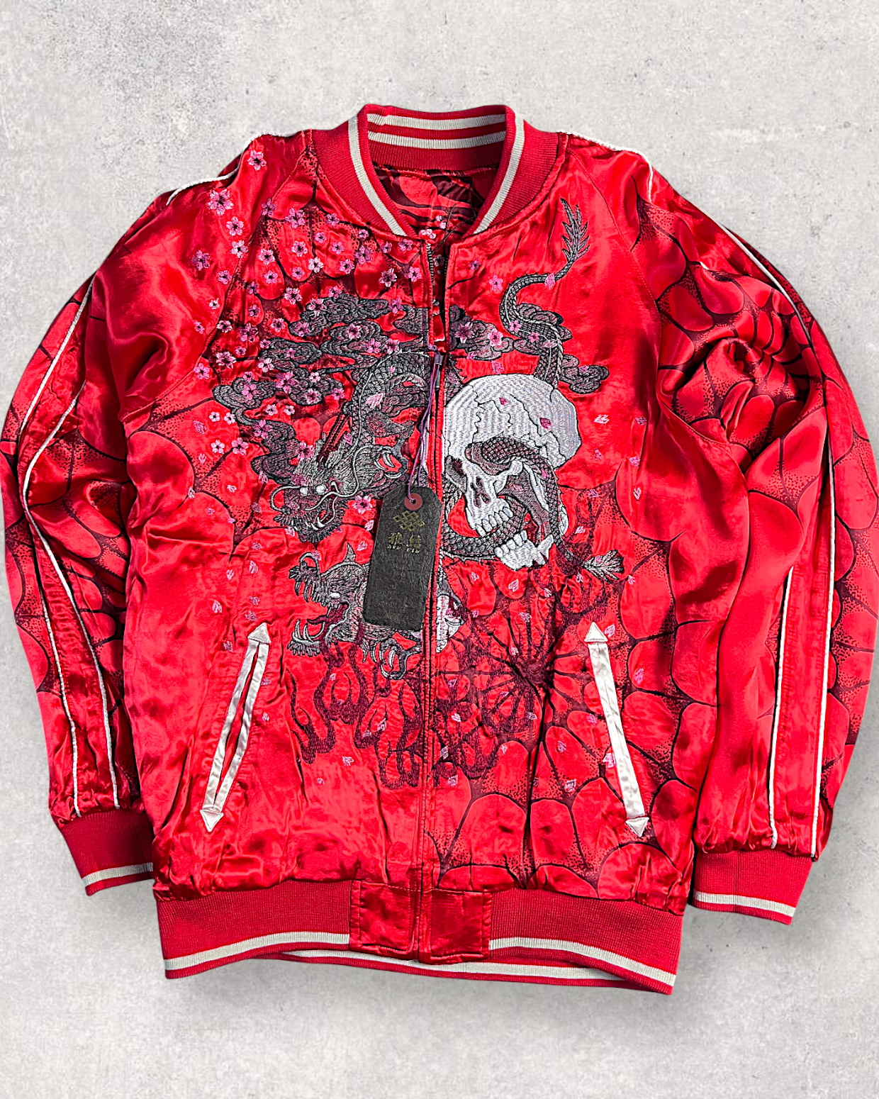 【L】Brand New Reversible Sukajan Jacket – Koi Sakura / Dragon Skull – Red Japanese Bomber