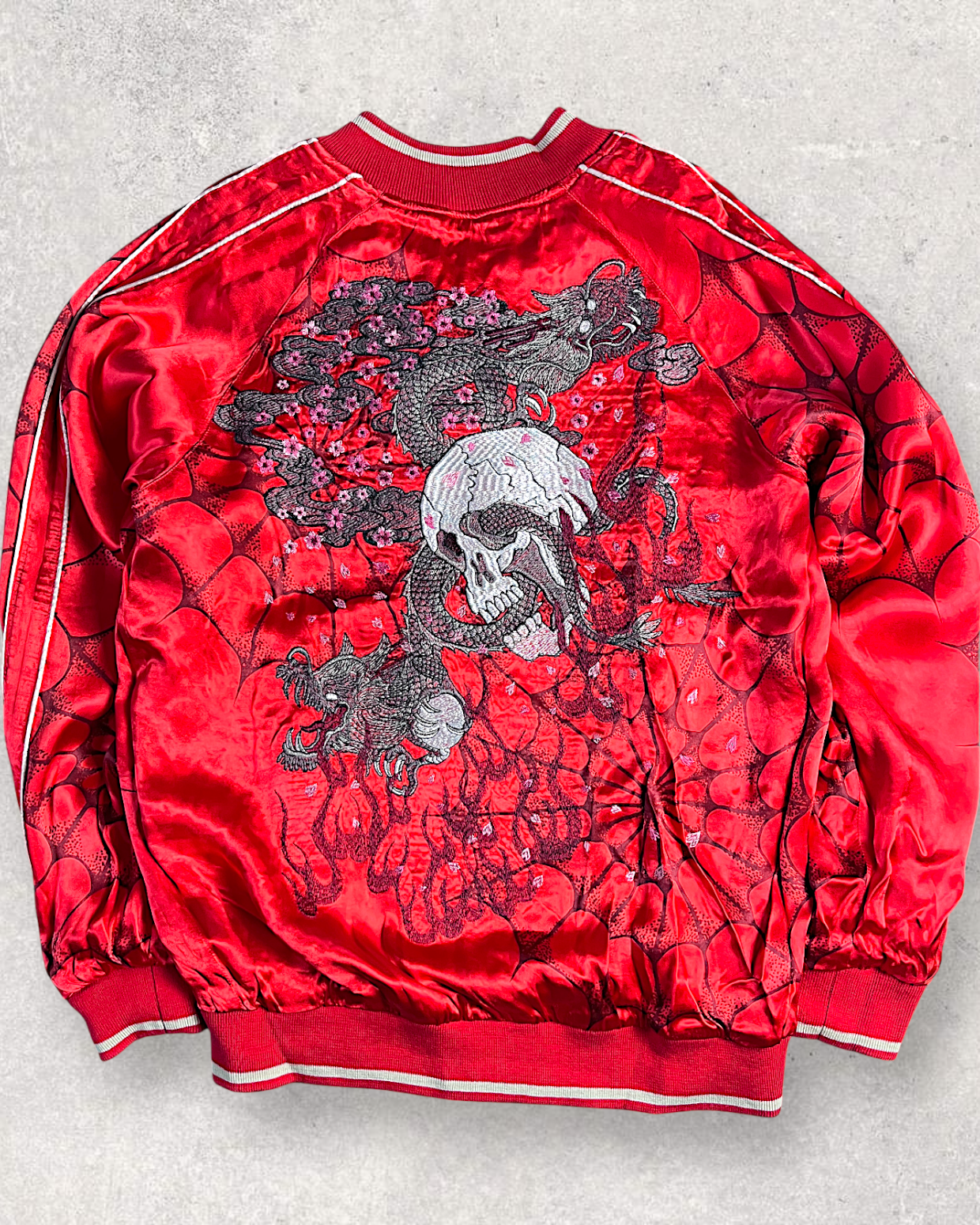 【L】Brand New Reversible Sukajan Jacket – Koi Sakura / Dragon Skull – Red Japanese Bomber