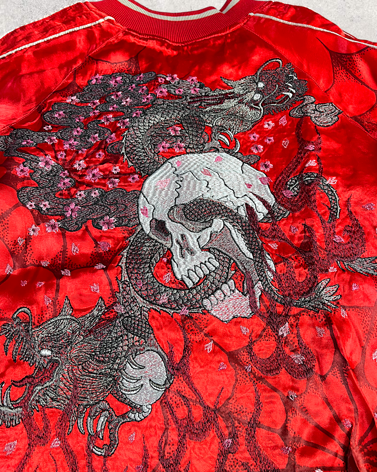 【L】Brand New Reversible Sukajan Jacket – Koi Sakura / Dragon Skull – Red Japanese Bomber