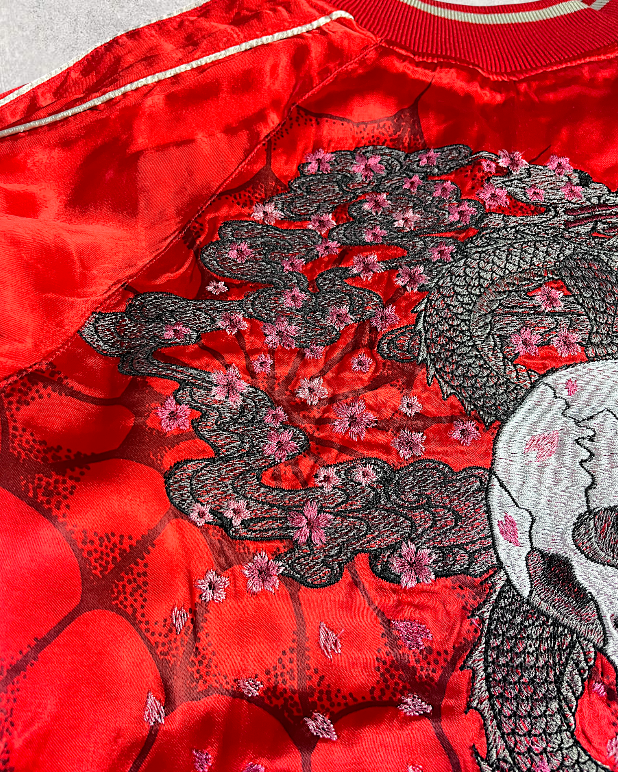 【L】Brand New Reversible Sukajan Jacket – Koi Sakura / Dragon Skull – Red Japanese Bomber