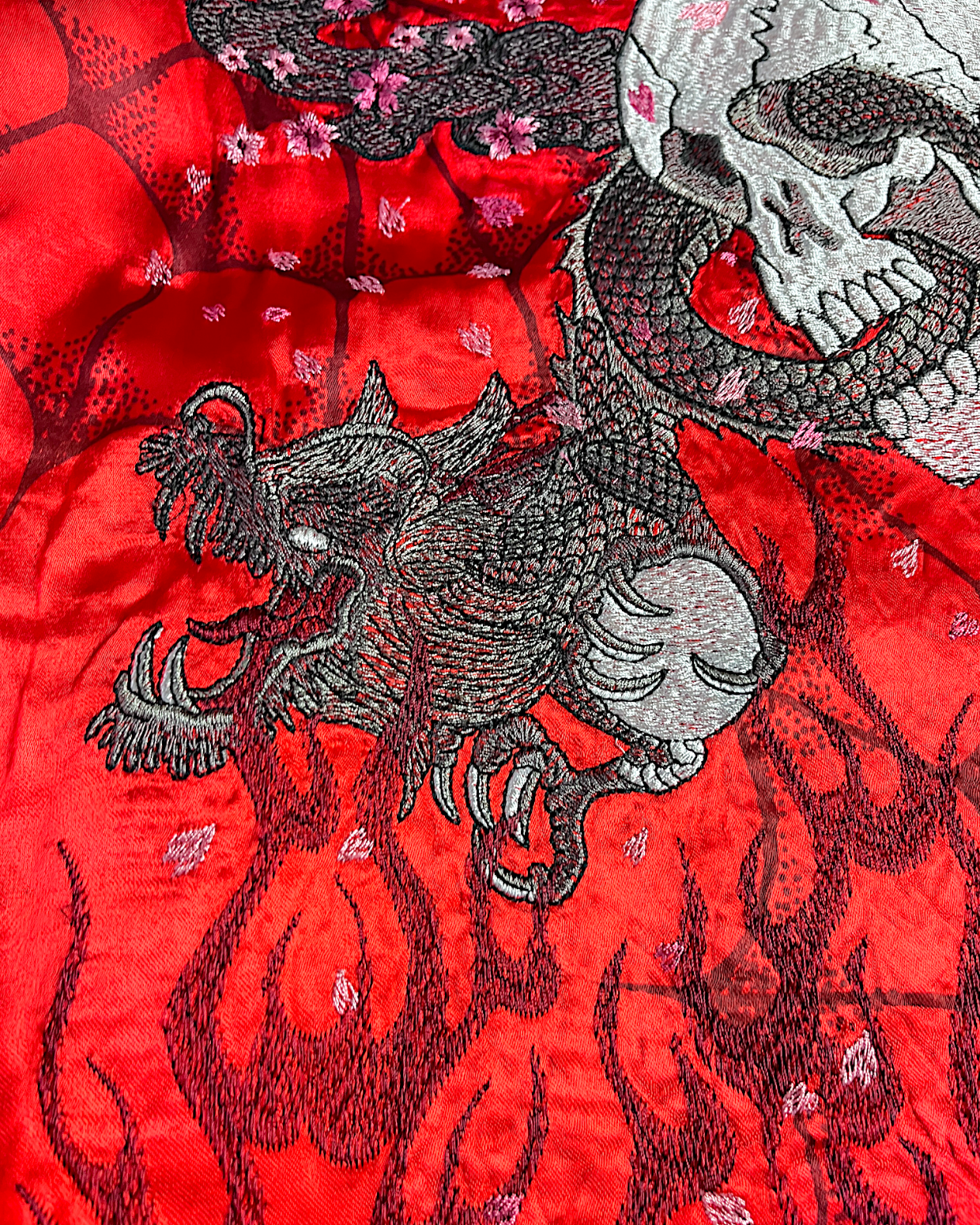 【L】Brand New Reversible Sukajan Jacket – Koi Sakura / Dragon Skull – Red Japanese Bomber