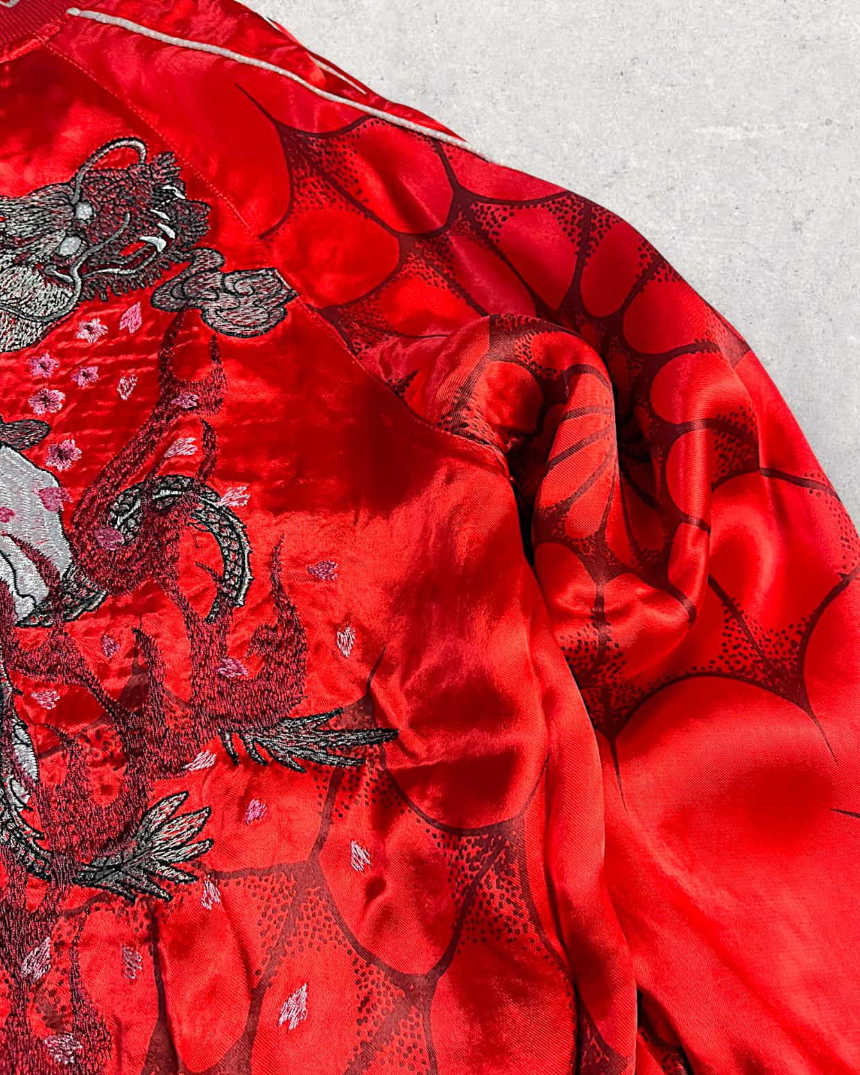 【L】Brand New Reversible Sukajan Jacket – Koi Sakura / Dragon Skull – Red Japanese Bomber