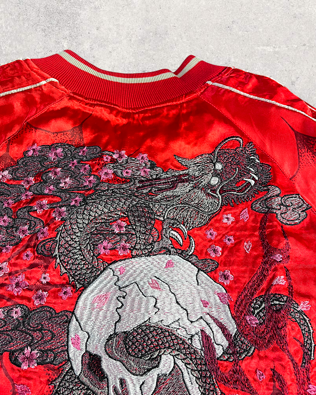 【L】Brand New Reversible Sukajan Jacket – Koi Sakura / Dragon Skull – Red Japanese Bomber