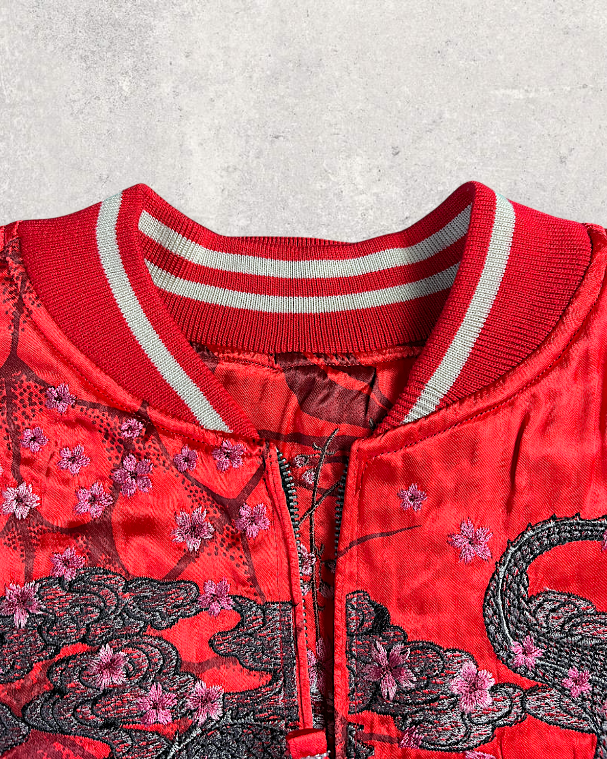 【L】Brand New Reversible Sukajan Jacket – Koi Sakura / Dragon Skull – Red Japanese Bomber