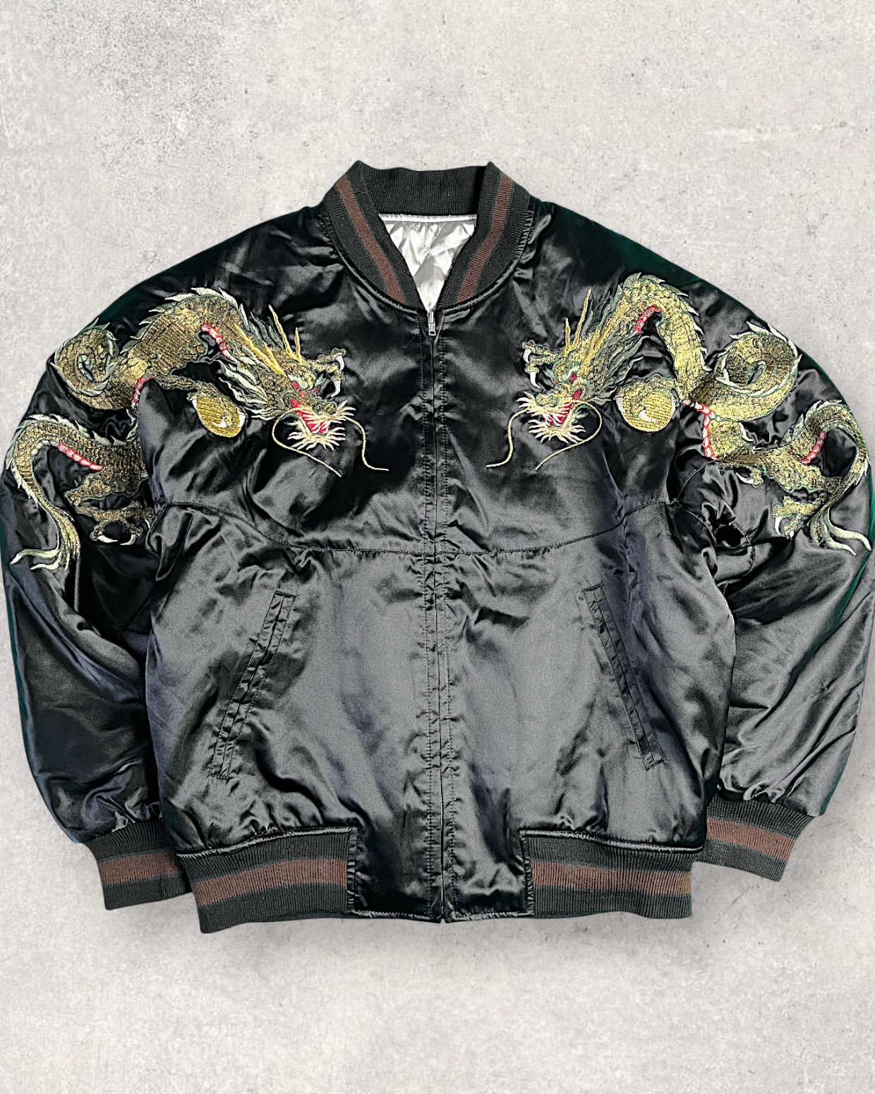 [FREE SIZE]【Authentic Embroidery】Hoshihime Twin Dragons & Clouds Souvenir Jacket Men's Black- Japanese Style