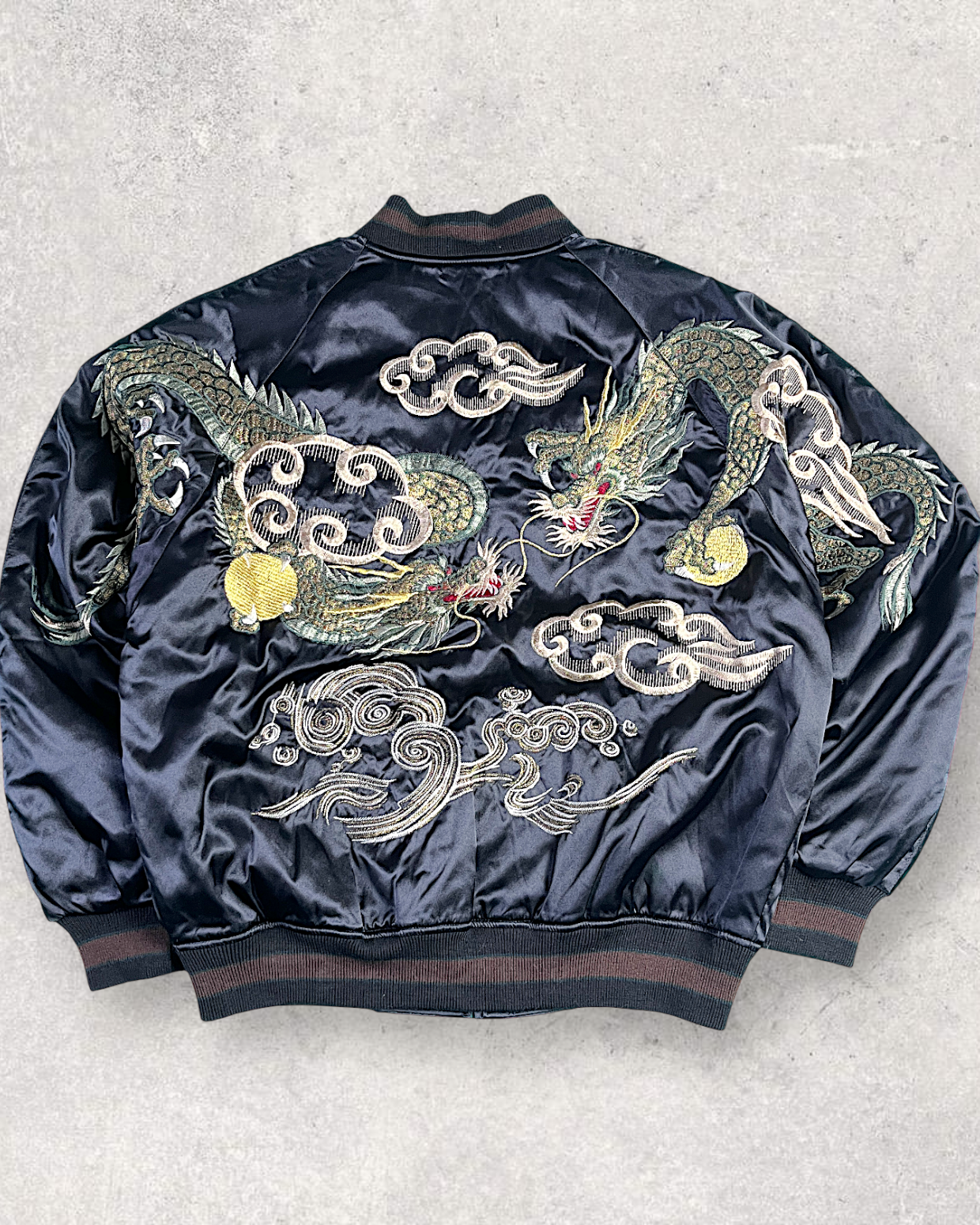 [FREE SIZE]【Authentic Embroidery】Hoshihime Twin Dragons & Clouds Souvenir Jacket Men's Black- Japanese Style