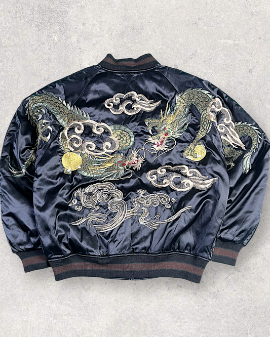 [FREE SIZE]【Authentic Embroidery】Hoshihime Twin Dragons & Clouds Souvenir Jacket Men's Black- Japanese Style