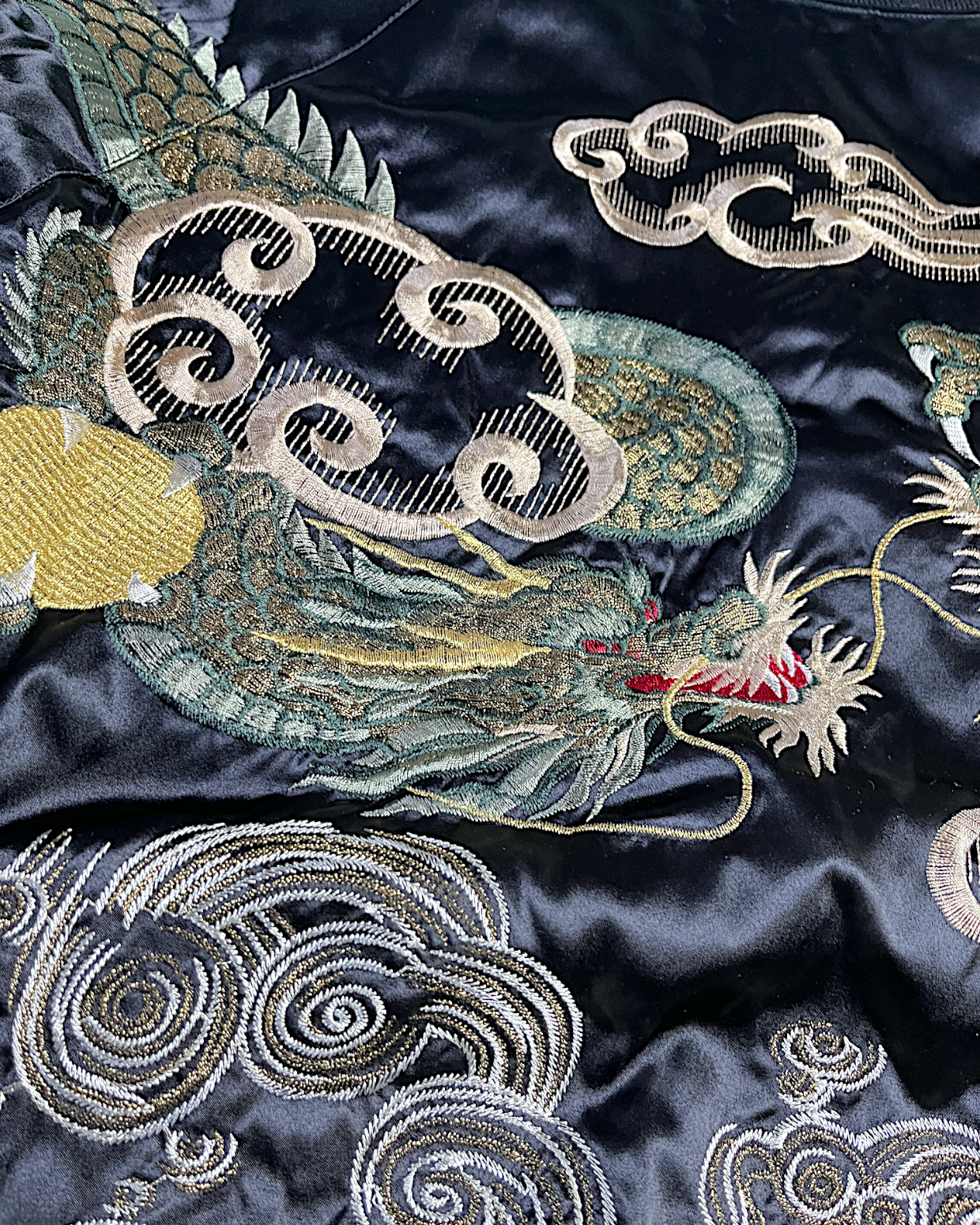 [FREE SIZE]【Authentic Embroidery】Hoshihime Twin Dragons & Clouds Souvenir Jacket Men's Black- Japanese Style
