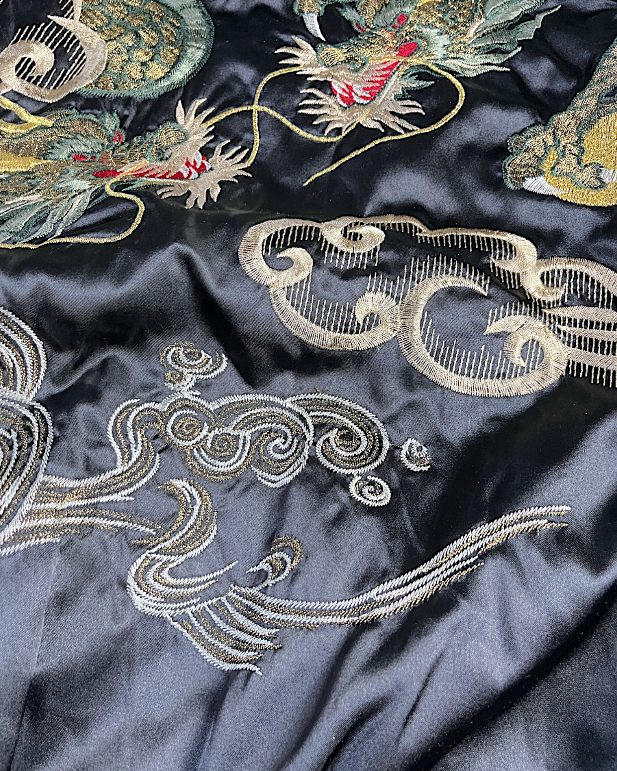 [FREE SIZE]【Authentic Embroidery】Hoshihime Twin Dragons & Clouds Souvenir Jacket Men's Black- Japanese Style