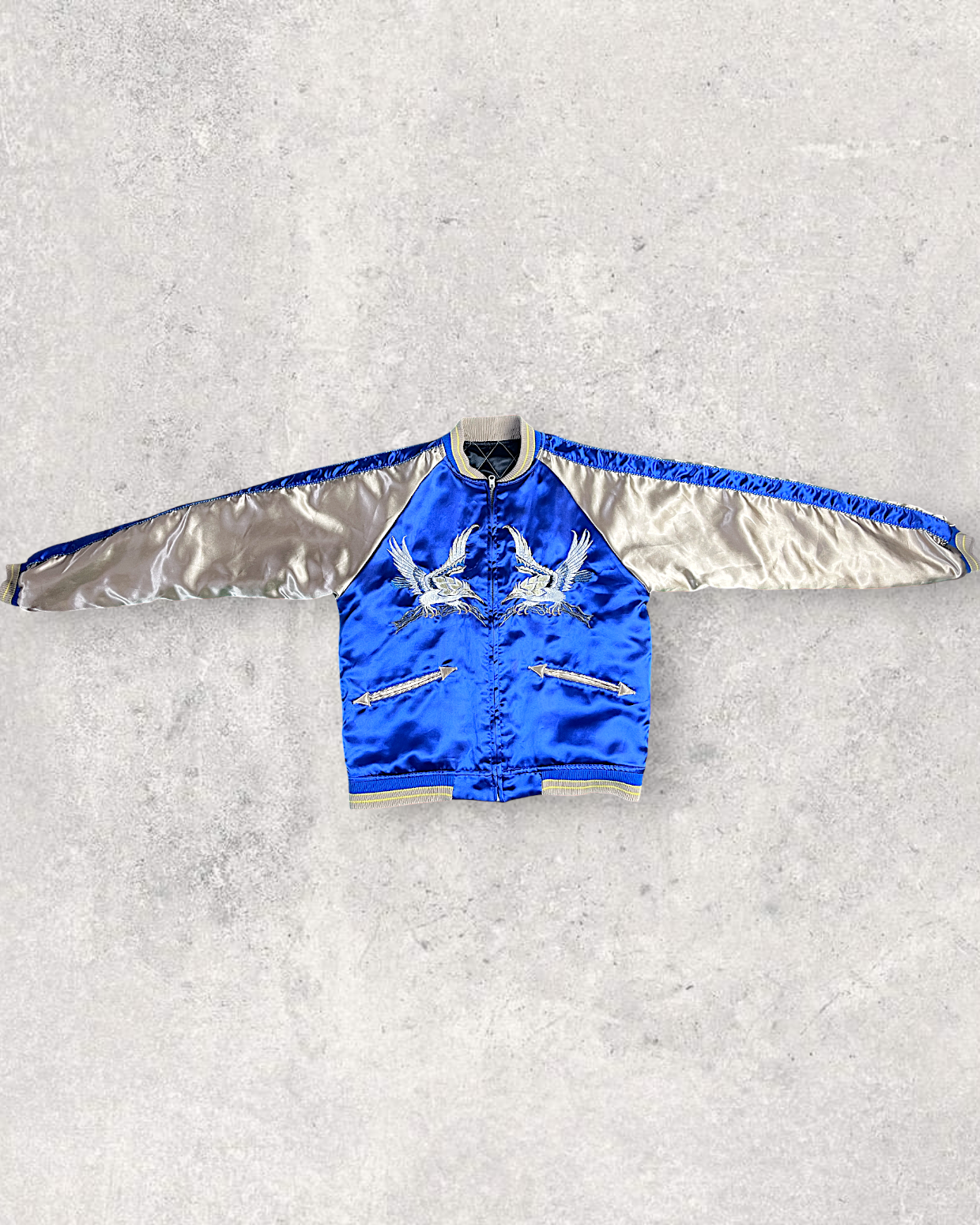 【L】Blue Crane Embroidery / Black Dragon & Japan Map – Japanese Quilted Bomber