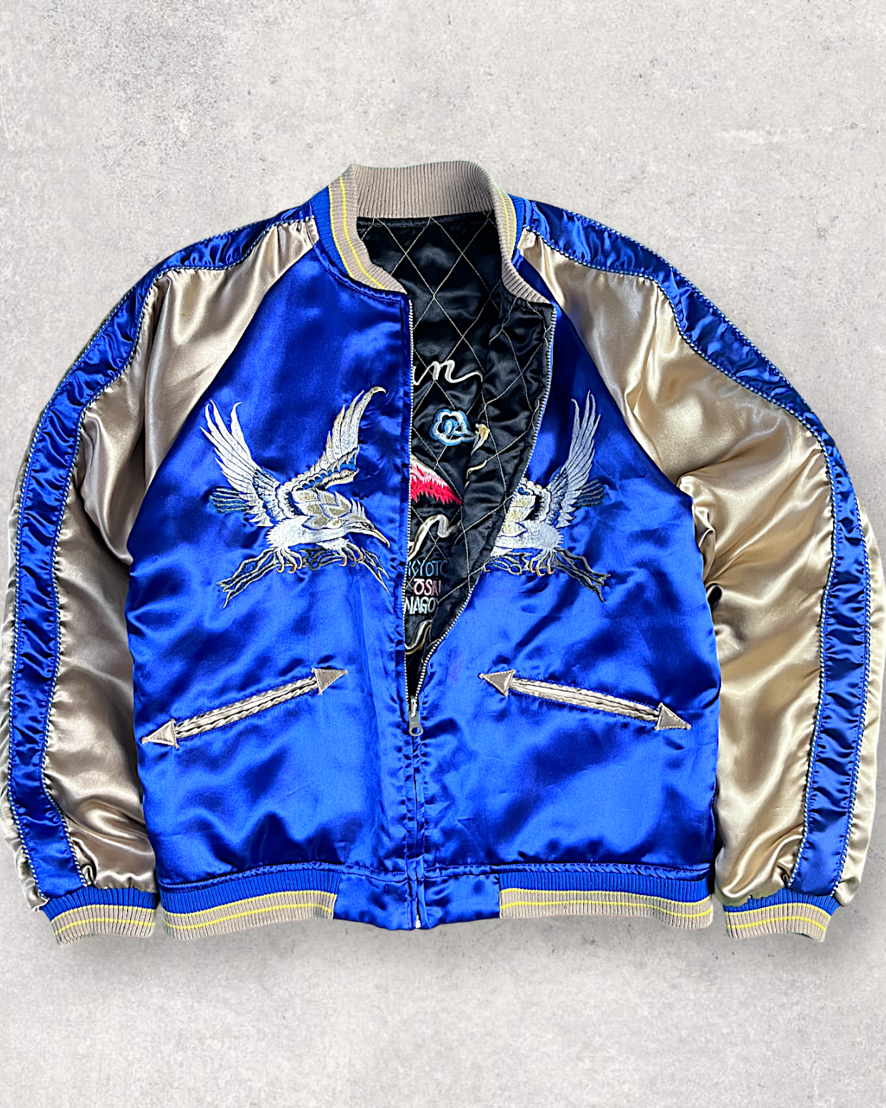 【L】Blue Crane Embroidery / Black Dragon & Japan Map – Japanese Quilted Bomber
