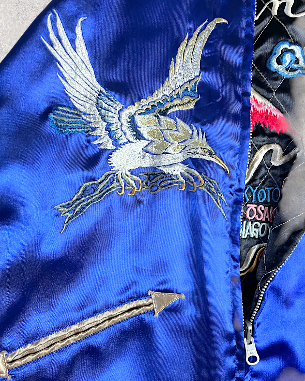 【L】Blue Crane Embroidery / Black Dragon & Japan Map – Japanese Quilted Bomber