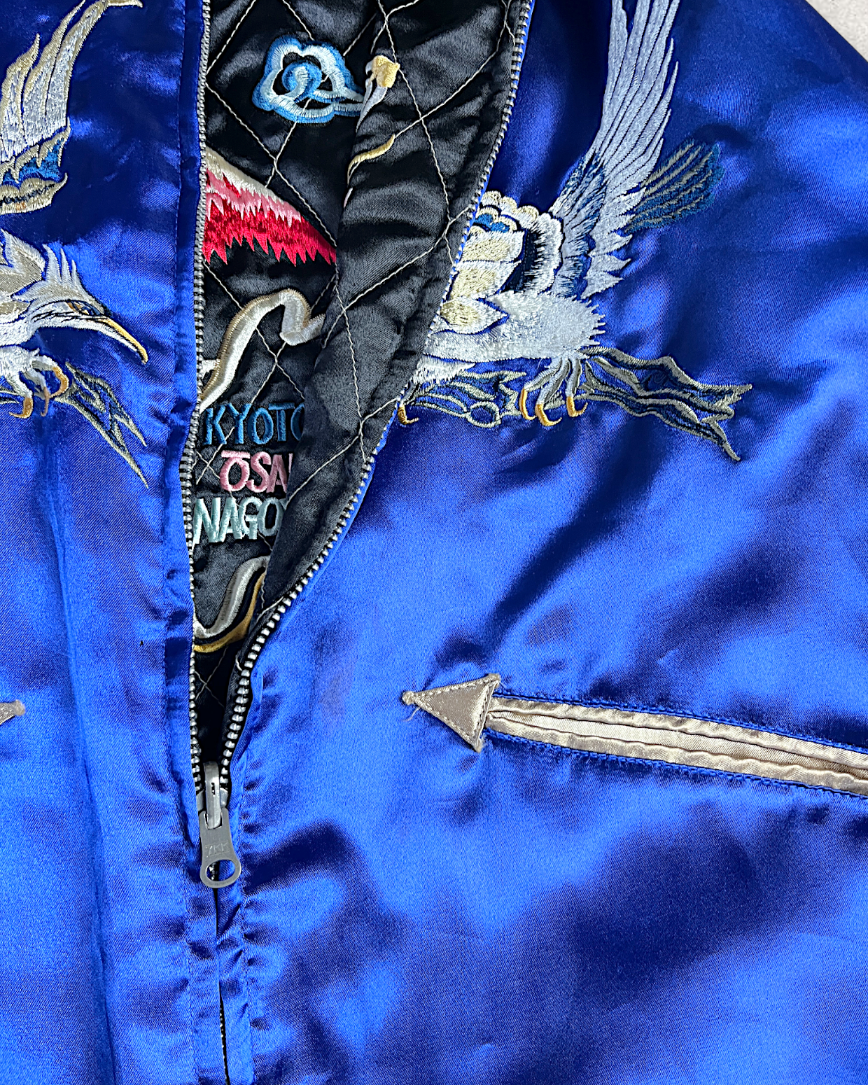 【L】Blue Crane Embroidery / Black Dragon & Japan Map – Japanese Quilted Bomber