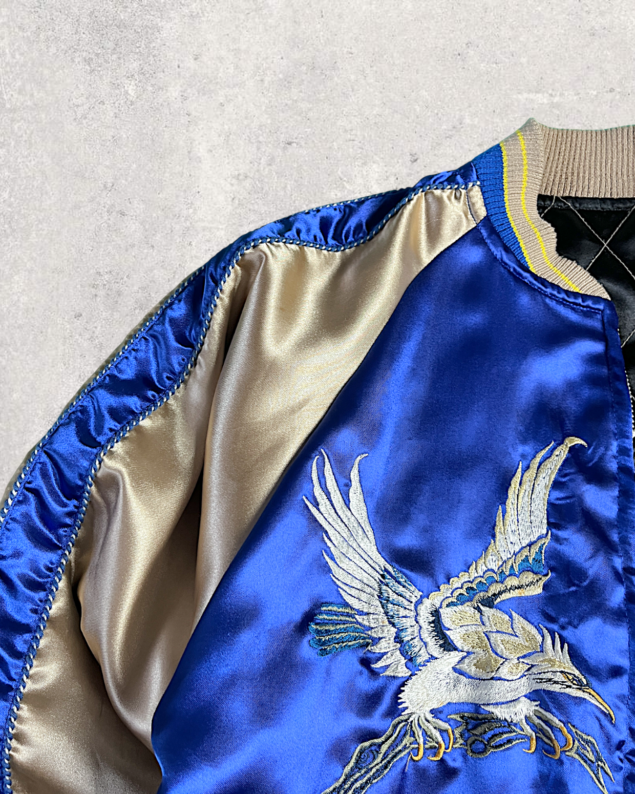 【L】Blue Crane Embroidery / Black Dragon & Japan Map – Japanese Quilted Bomber