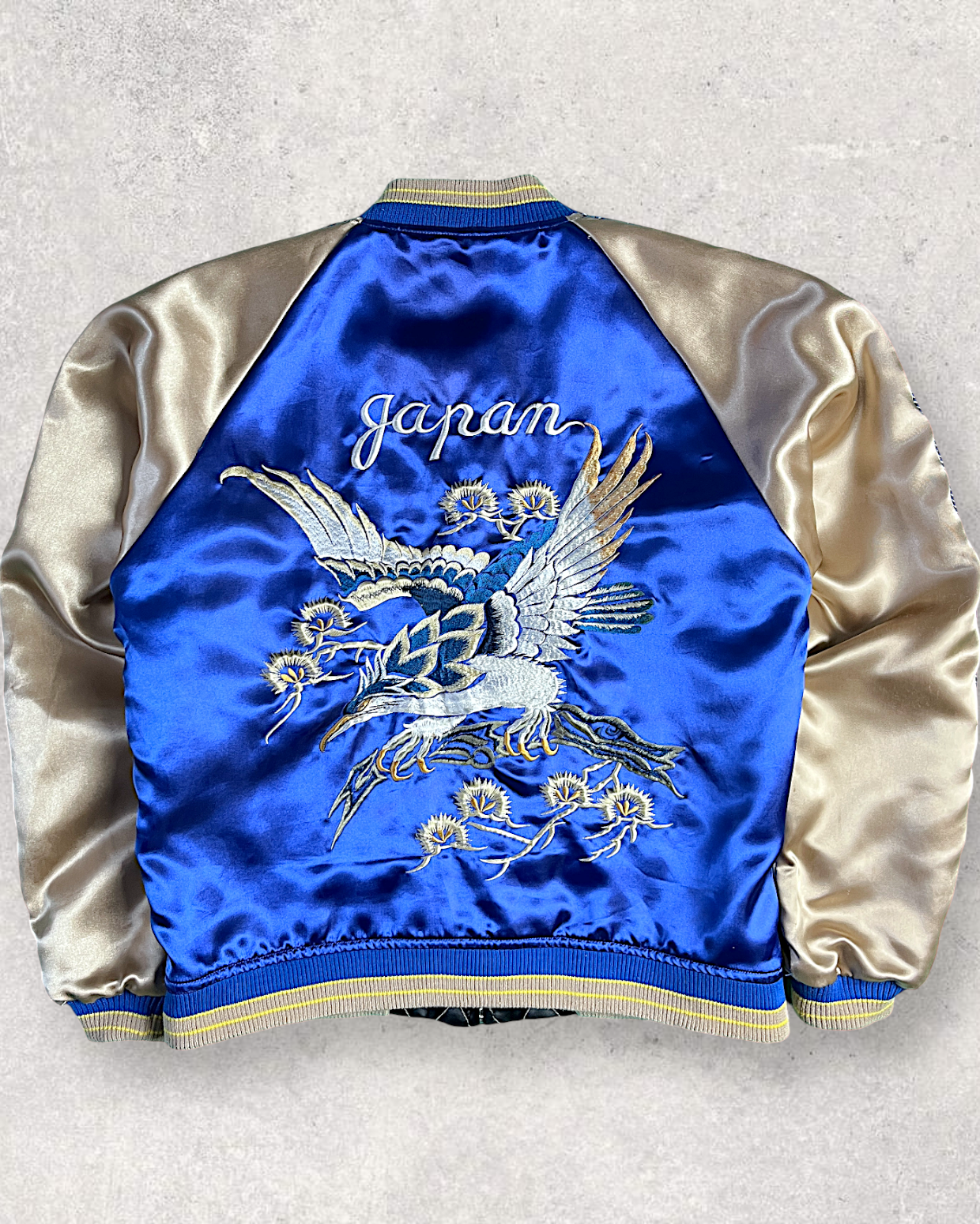 【L】Blue Crane Embroidery / Black Dragon & Japan Map – Japanese Quilted Bomber