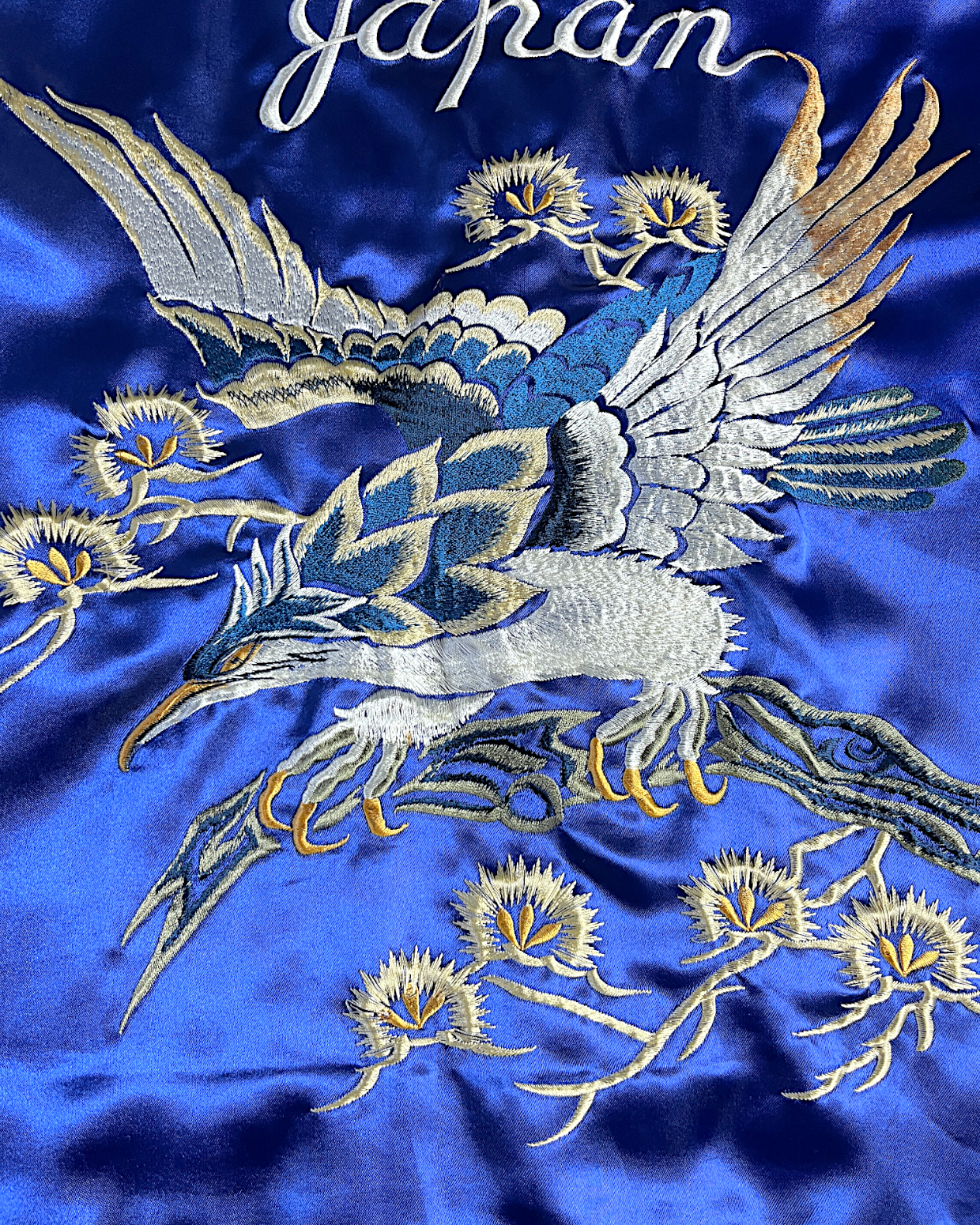 【L】Blue Crane Embroidery / Black Dragon & Japan Map – Japanese Quilted Bomber