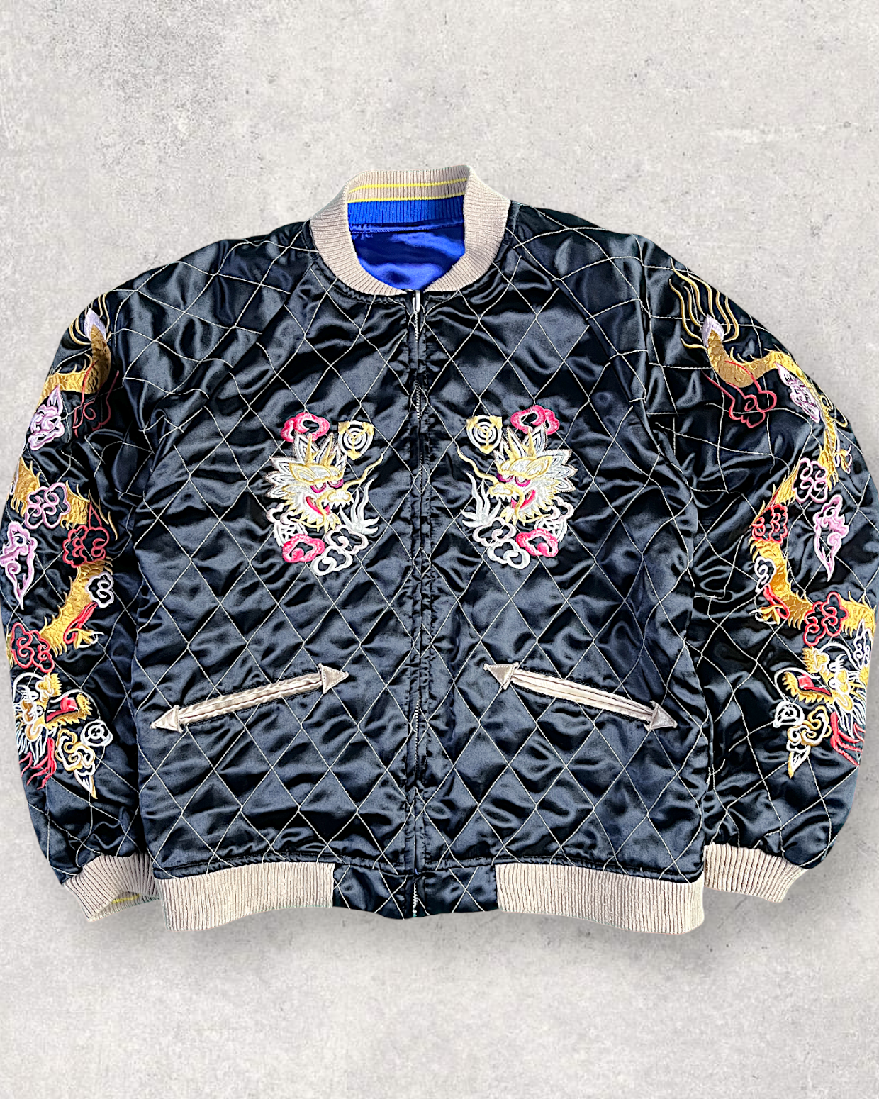【L】Blue Crane Embroidery / Black Dragon & Japan Map – Japanese Quilted Bomber