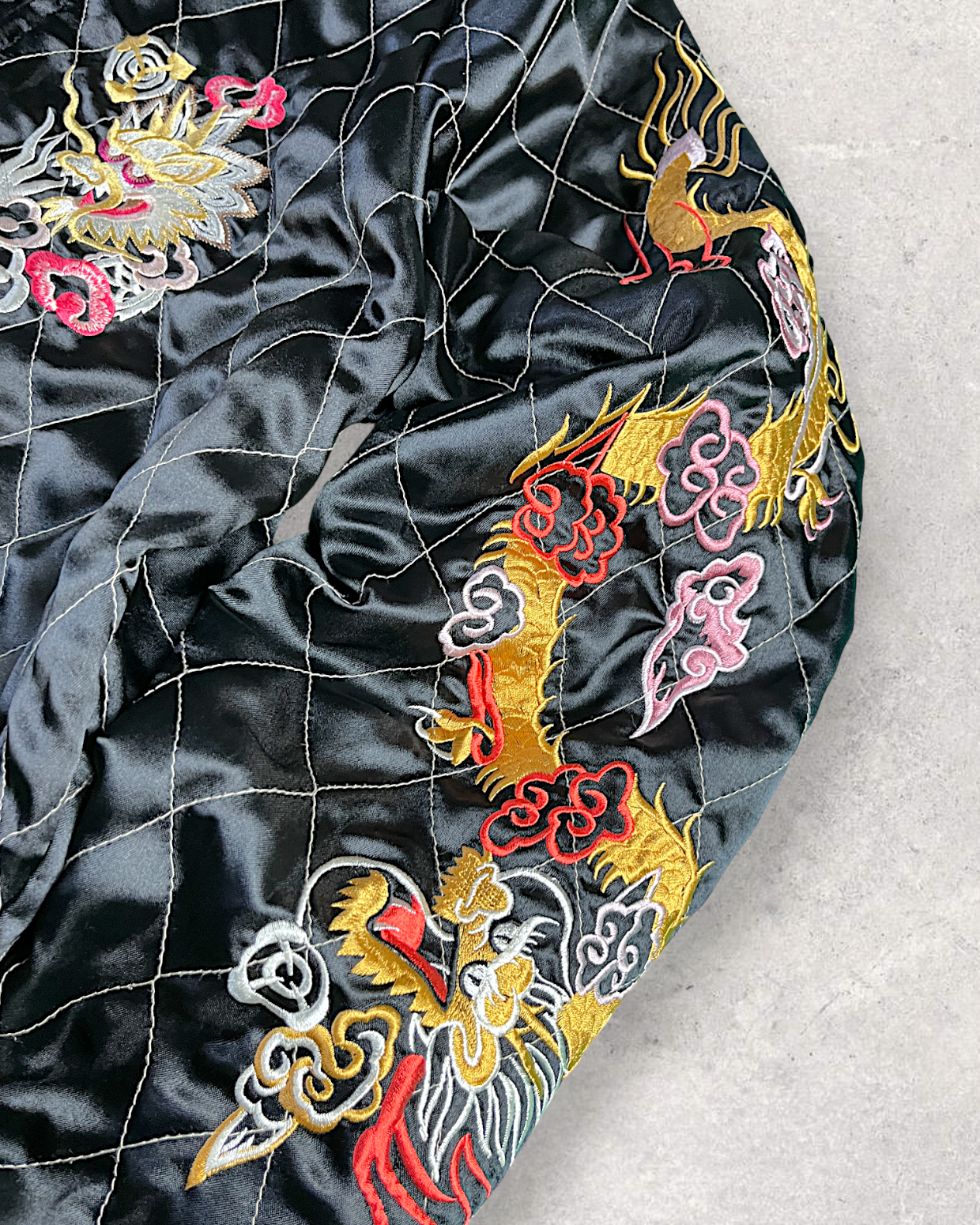 【L】Blue Crane Embroidery / Black Dragon & Japan Map – Japanese Quilted Bomber