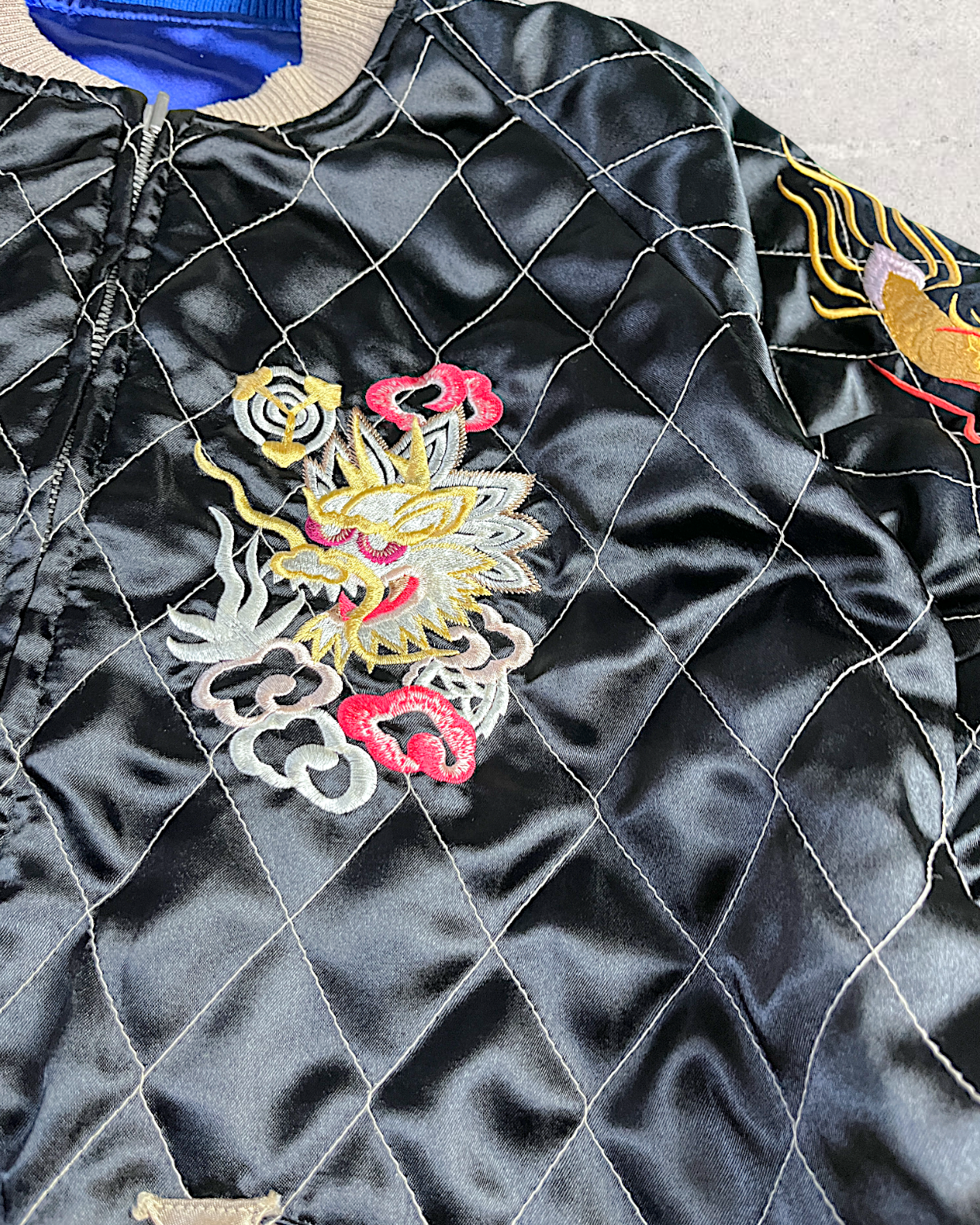 【L】Blue Crane Embroidery / Black Dragon & Japan Map – Japanese Quilted Bomber