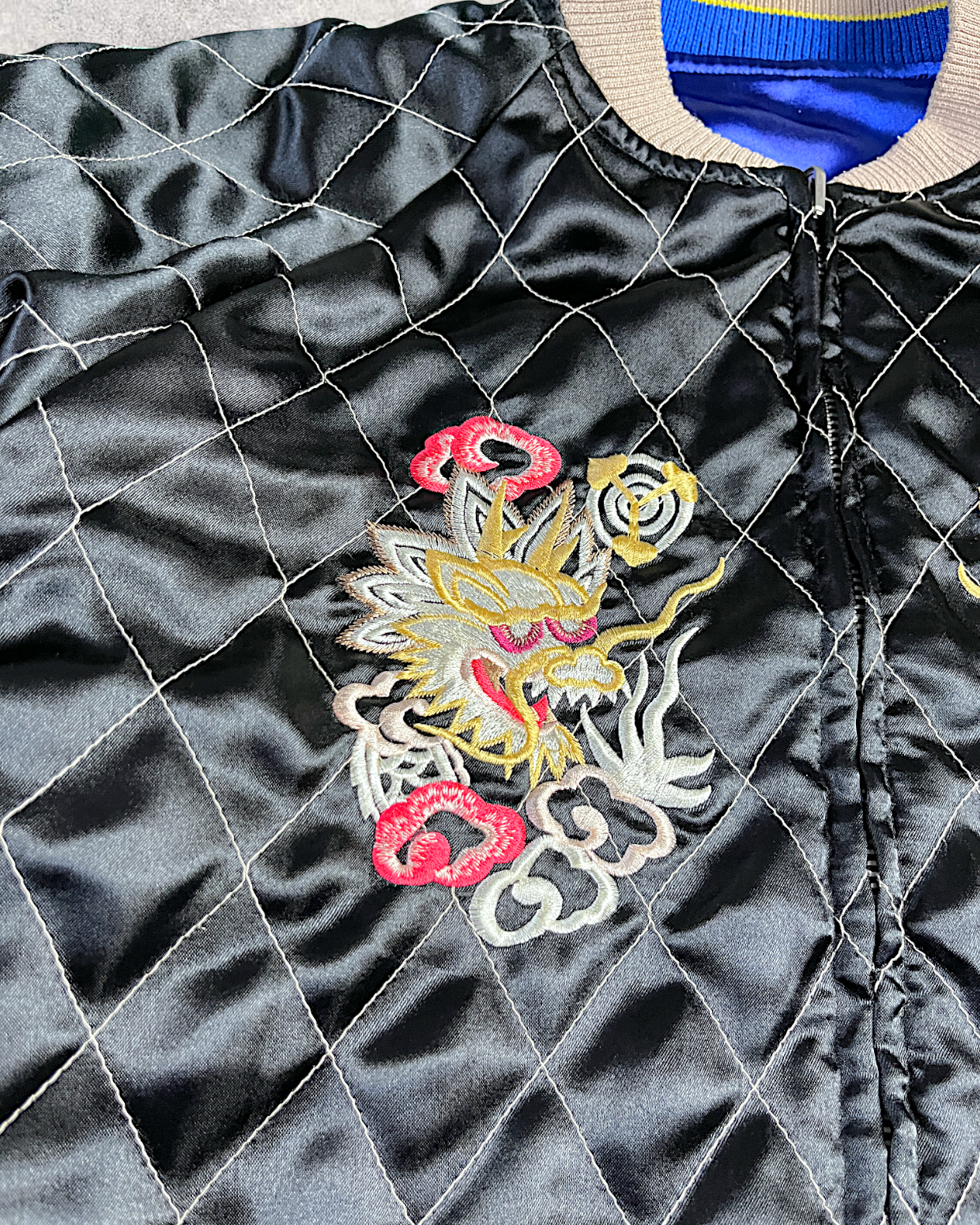 【L】Blue Crane Embroidery / Black Dragon & Japan Map – Japanese Quilted Bomber