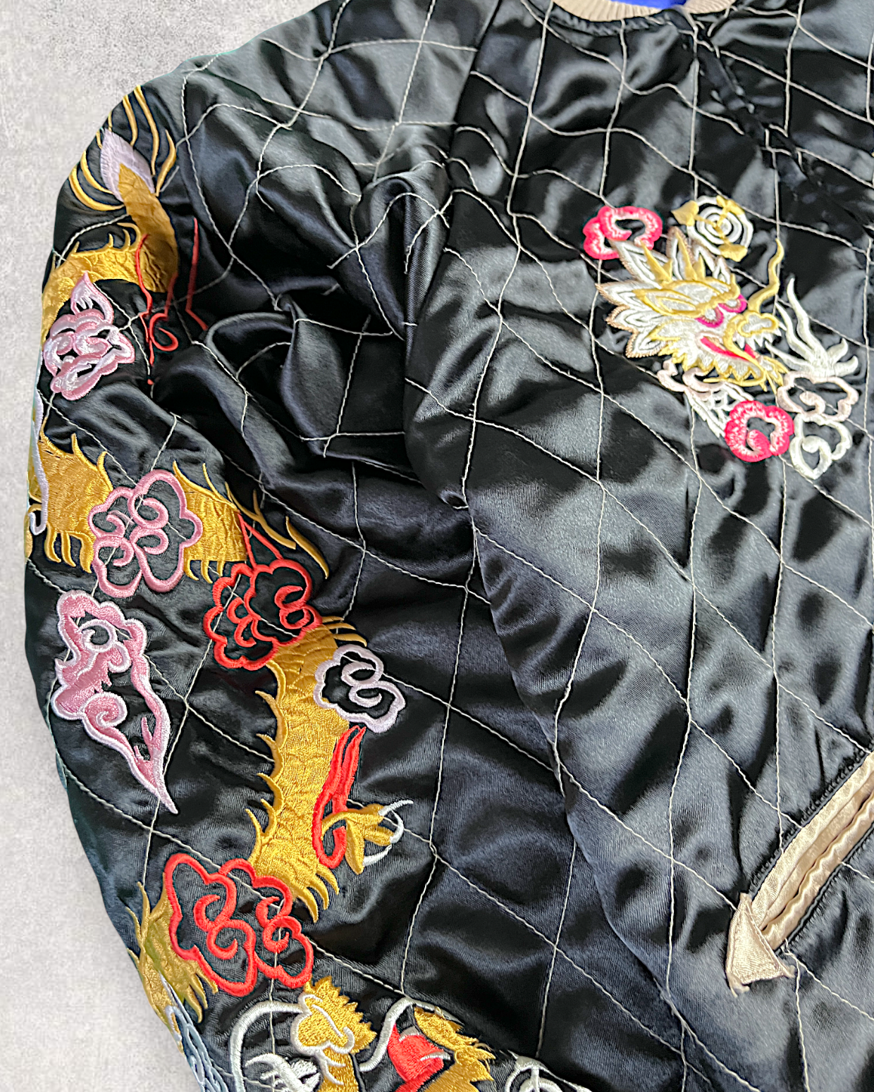 【L】Blue Crane Embroidery / Black Dragon & Japan Map – Japanese Quilted Bomber