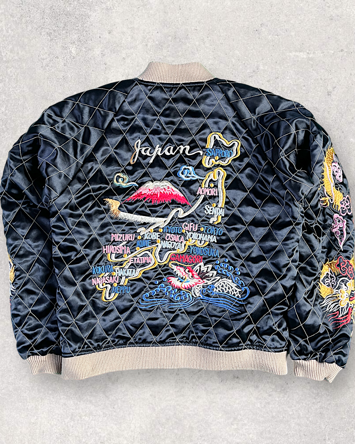 【L】Blue Crane Embroidery / Black Dragon & Japan Map – Japanese Quilted Bomber